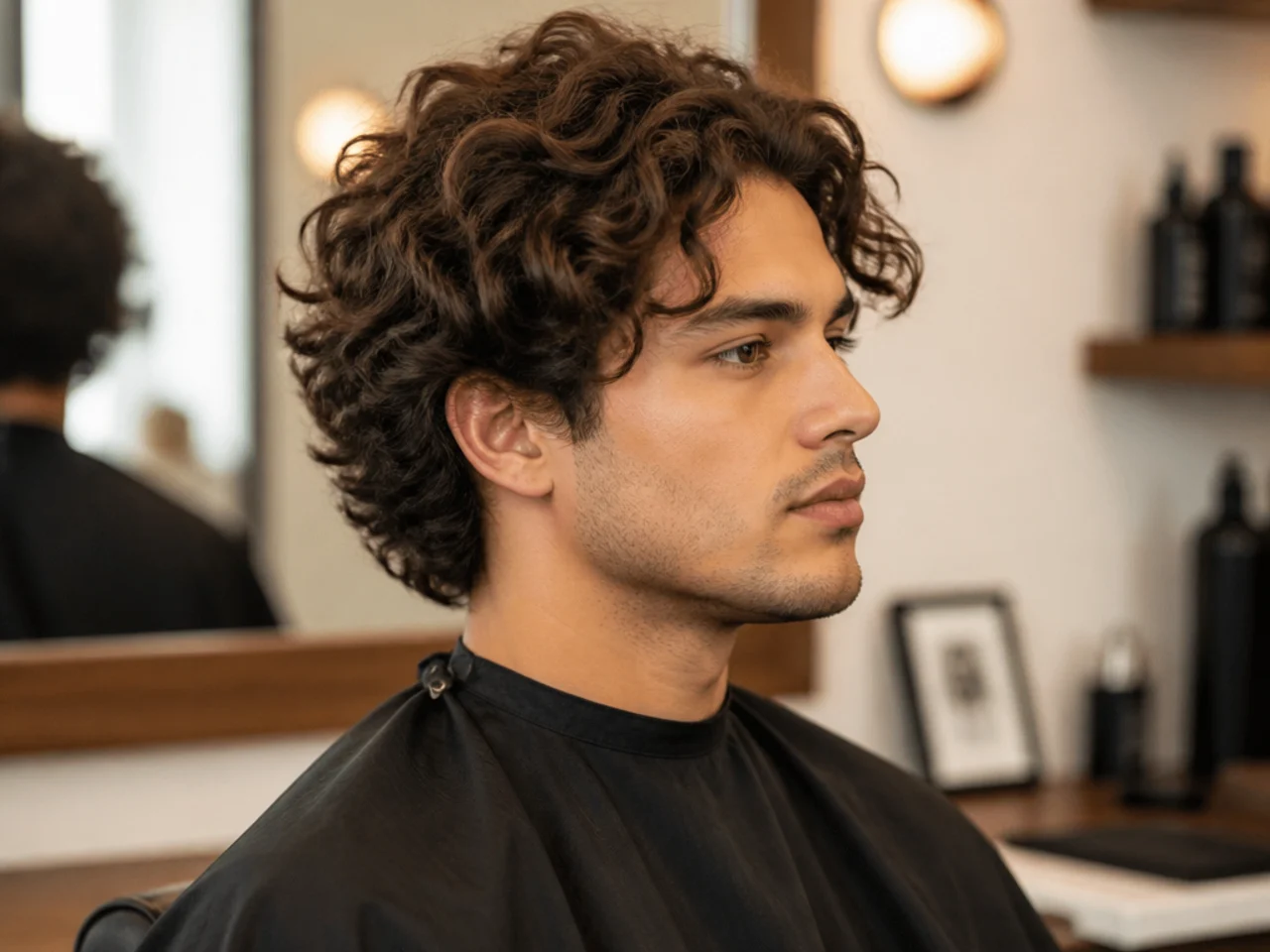 Three-stage transition showing a low taper stopover through a scissor blend into a finished medium-length curly cut
