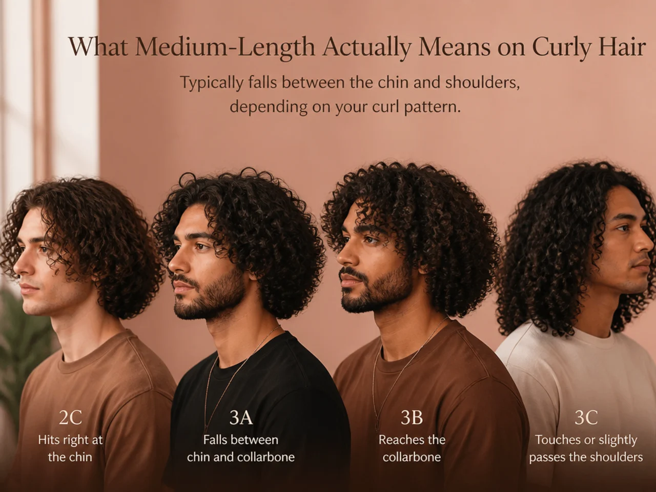 Anatomy of a medium-length curly cut showing three to five inches of stretched length and defined curl retraction