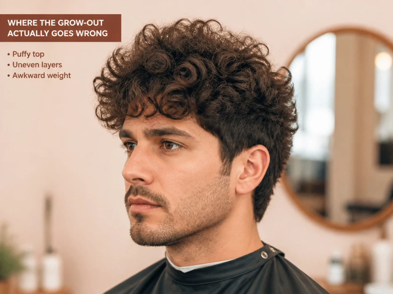 Client mid-grow-out at the awkward-stage plateau with a mushroom-shaped silhouette and split ends