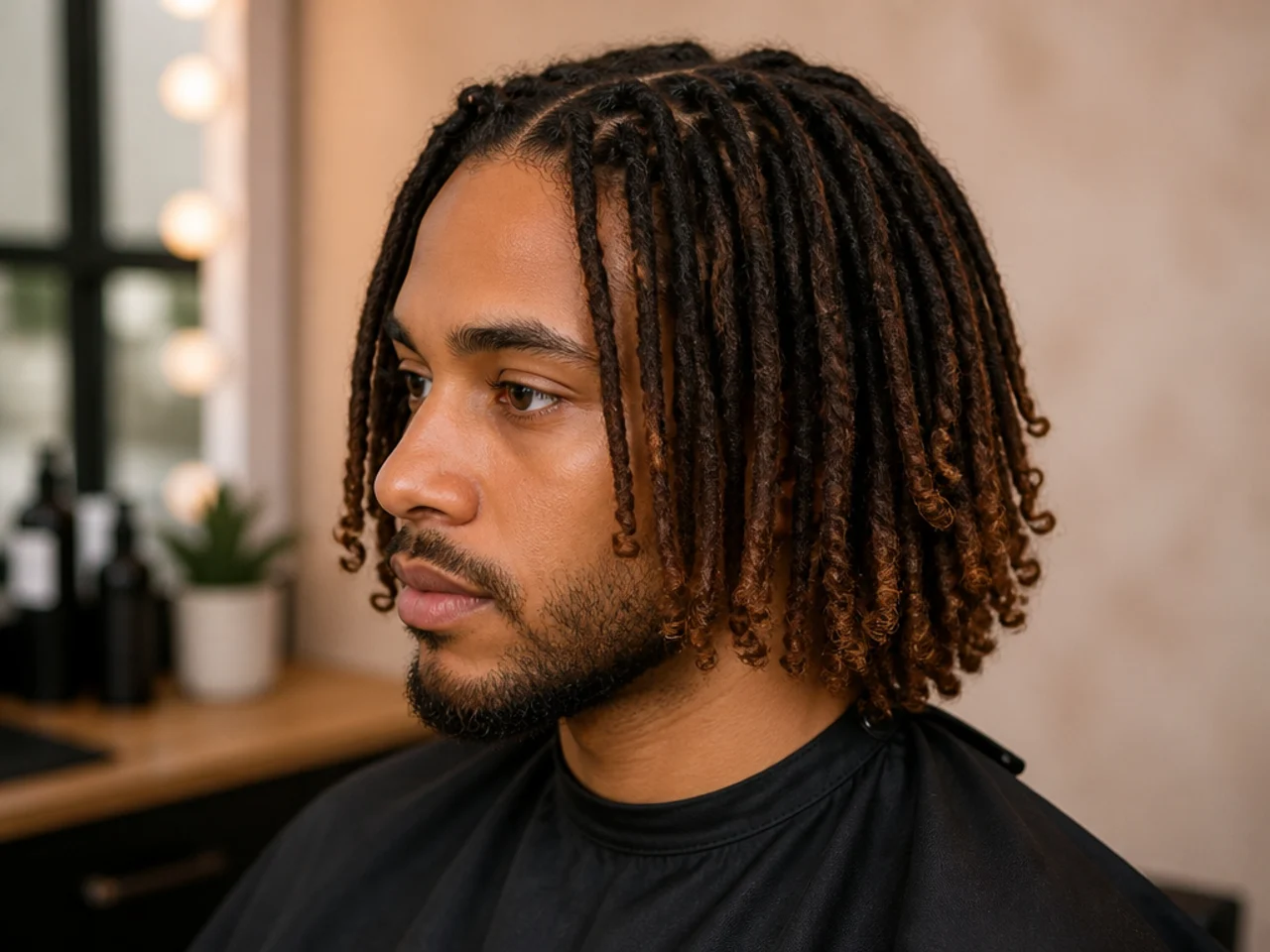 Black man aged 26-34 with shoulder-length palm-rolled locs and the last two inches of each loc curled into a defined spiral