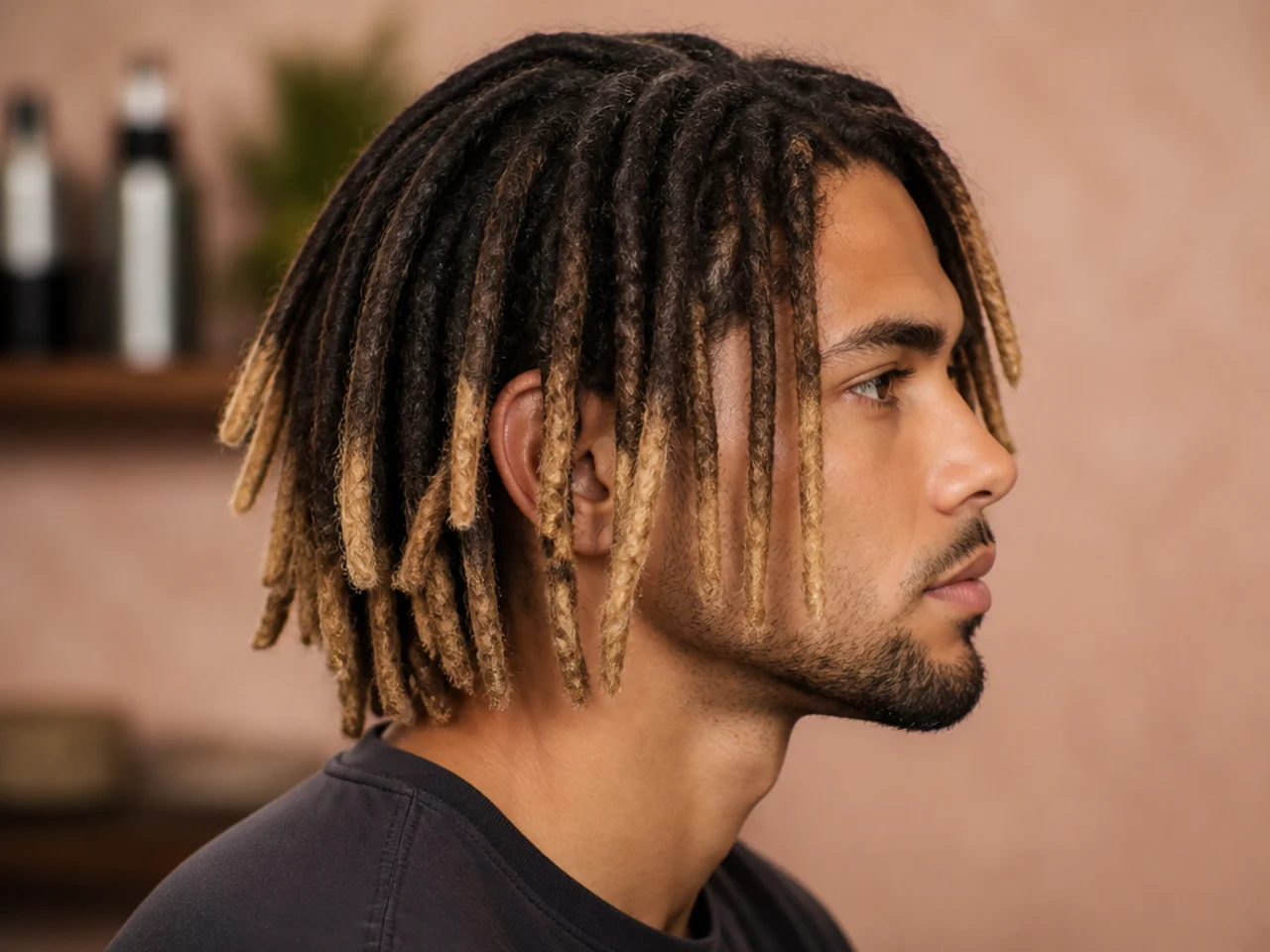 Black man aged 22-30 with shoulder-length locs featuring the last four to six inches lightened to a warm blonde over the dark natural roots