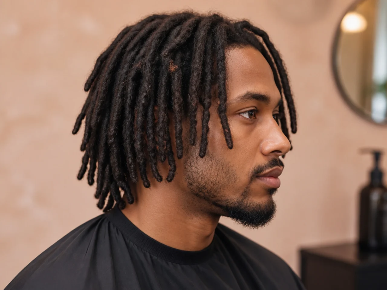 Black man aged 24-32 with medium length wick locs showing a small count of very thick chunky locs each the diameter of a candle wick