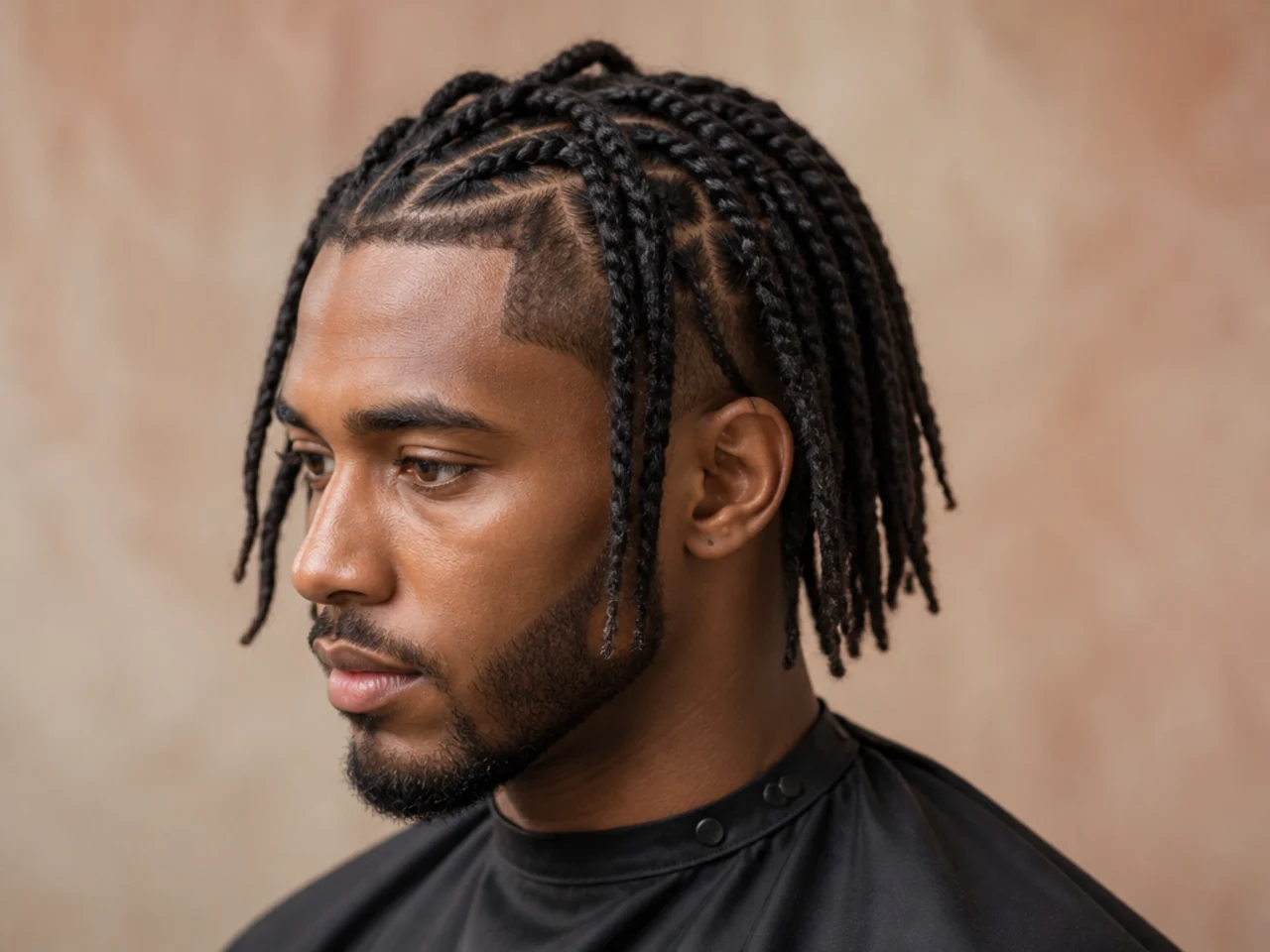 Black man aged 25-33 with shoulder-length locs braided into three to five large box-braid-style plaits down the back of the head