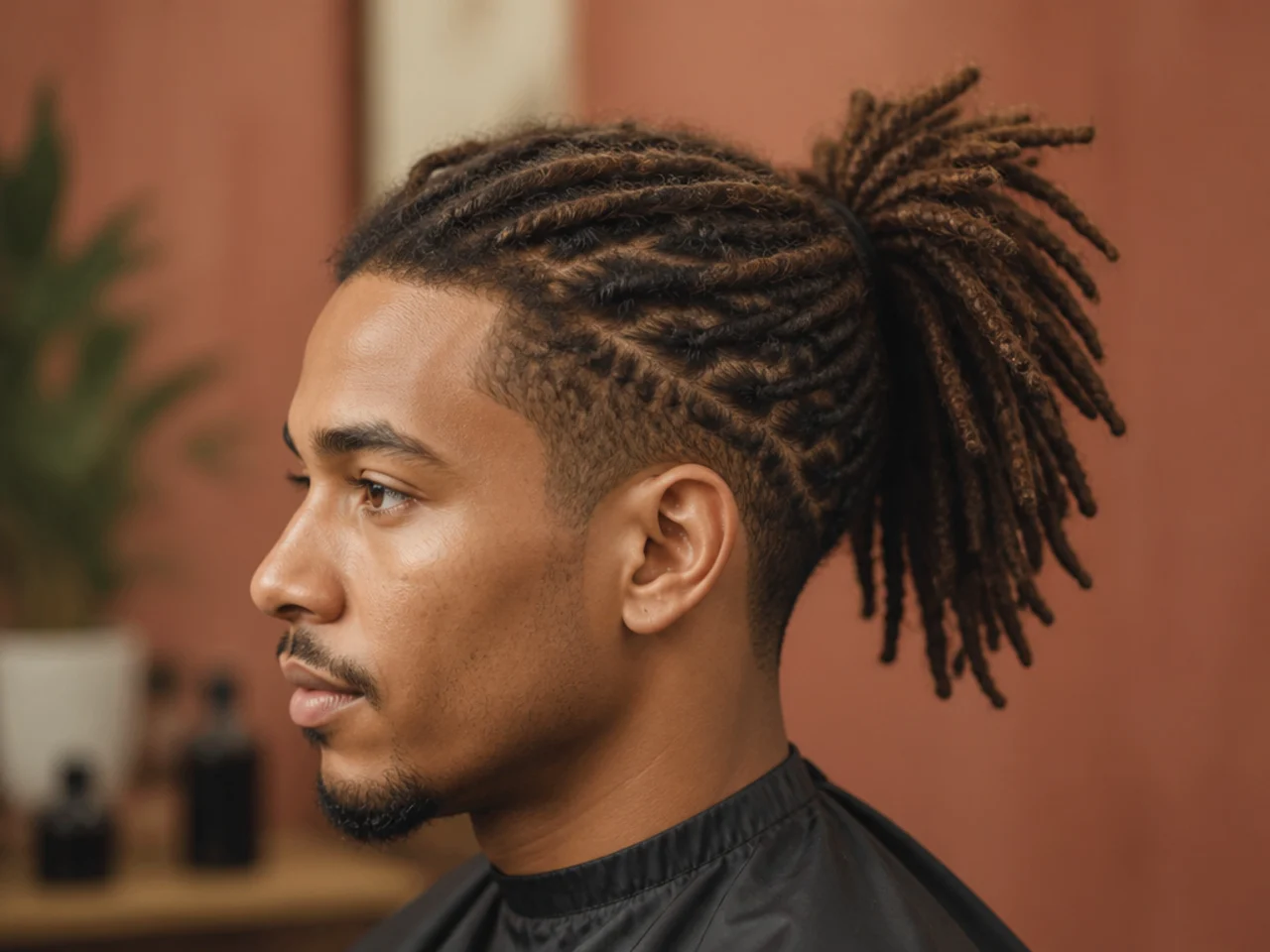 Black man aged 28-36 with shoulder-length palm-rolled locs gathered into a low ponytail at the nape with a clean edge line at the front