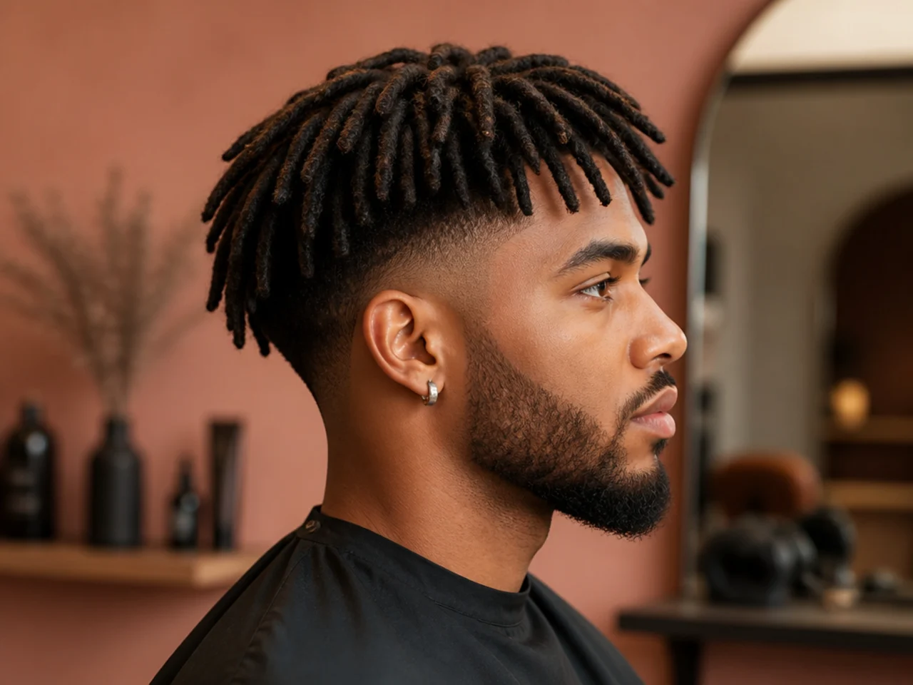 Black man aged 30-38 with shoulder-length locs a clean low fade at the sides and a full beard blended into the fade line for a mature editorial look