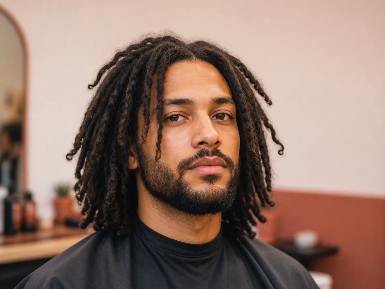 Black man aged 25-33 with shoulder-length freeform locs of varying thickness and organic shape showing the natural locking pattern