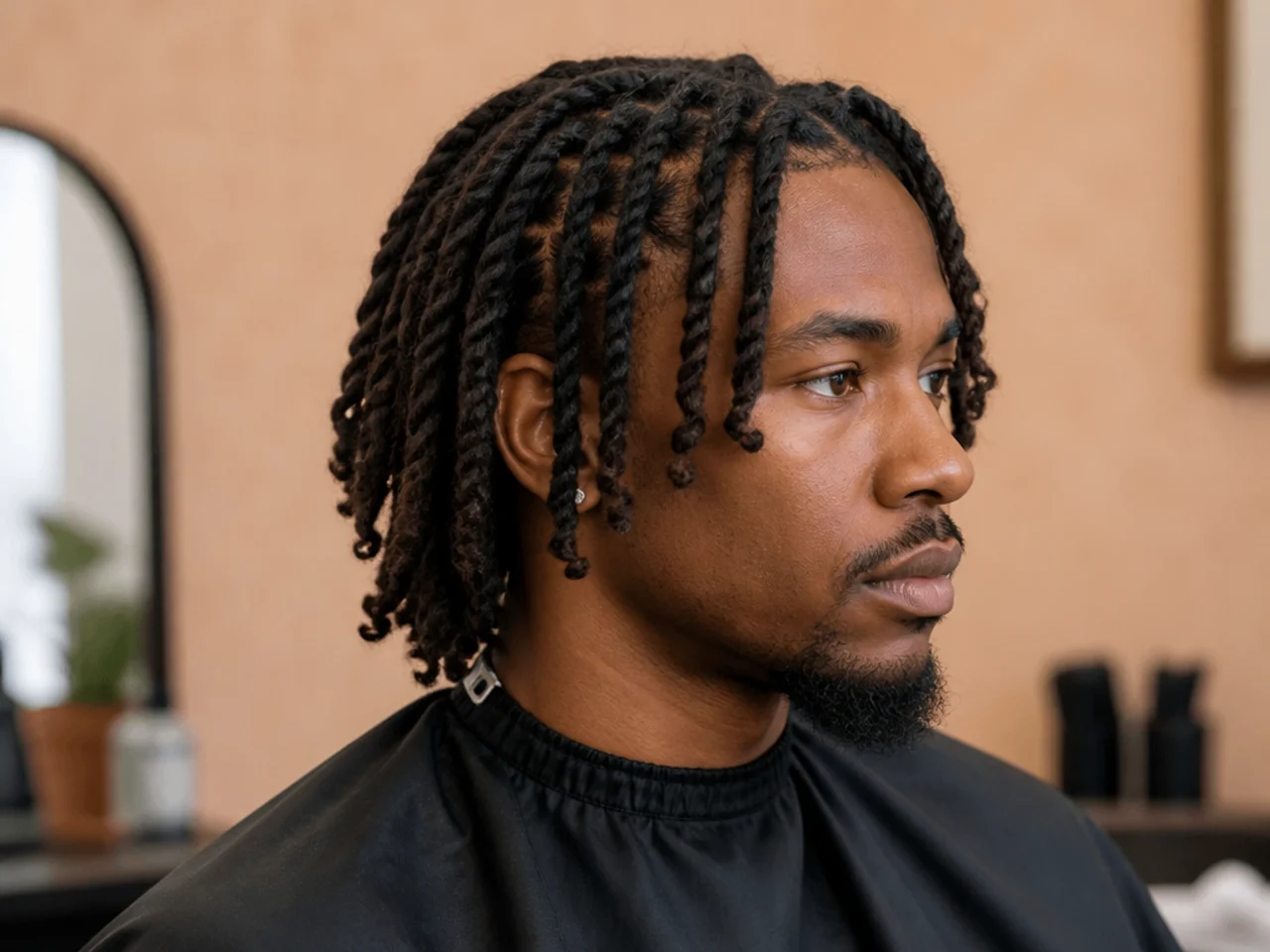 Black man aged 27-33 with medium length locs started from two-strand twists showing a slightly flatter oval loc shape at shoulder length