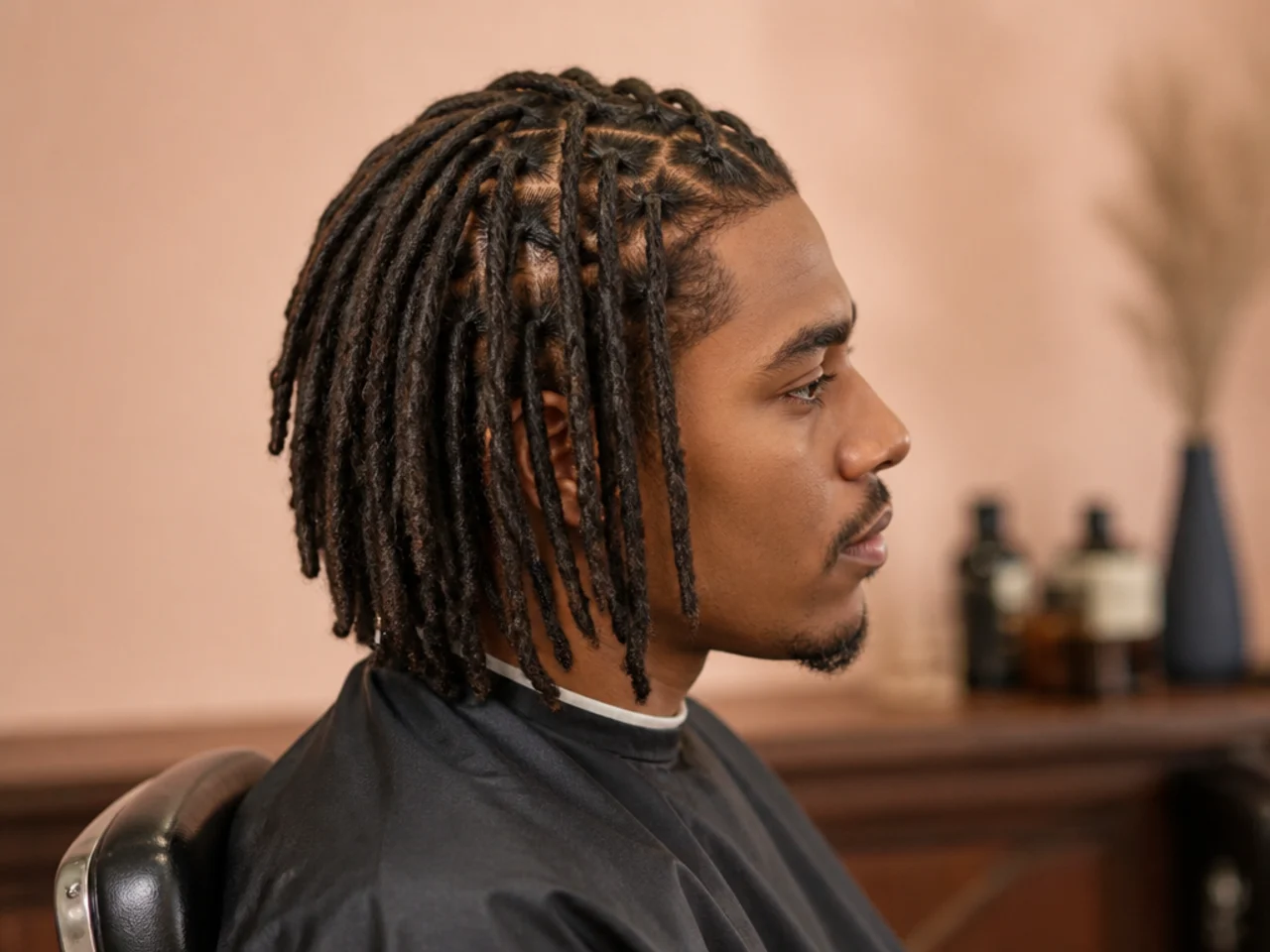 Black man aged 28-36 with mature interlocked medium locs showing thinner more defined loc columns and clean grid parts