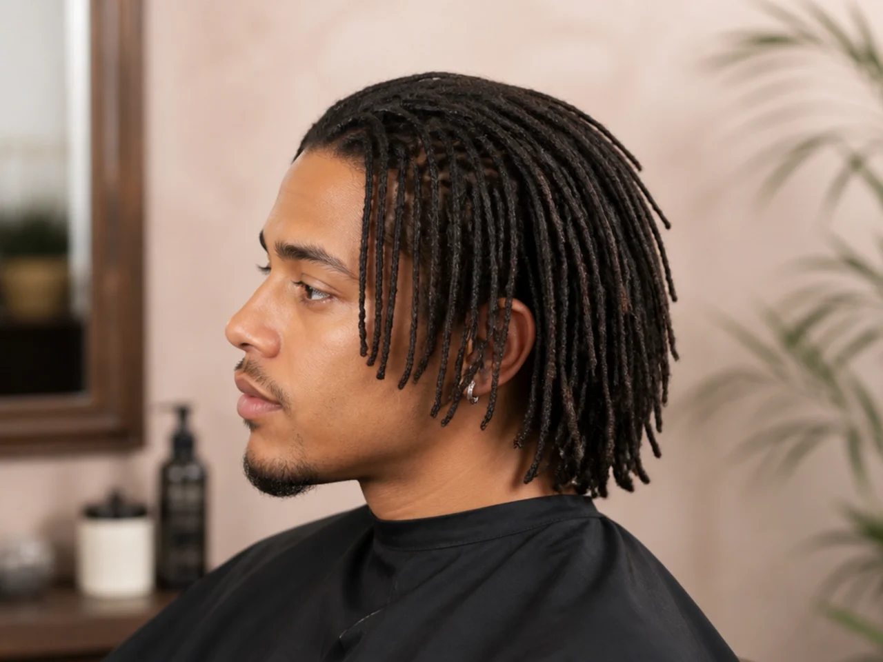 Black man aged 30-38 with hundreds of thin microlocs at shoulder length showing precision grid parts and a fluid drape
