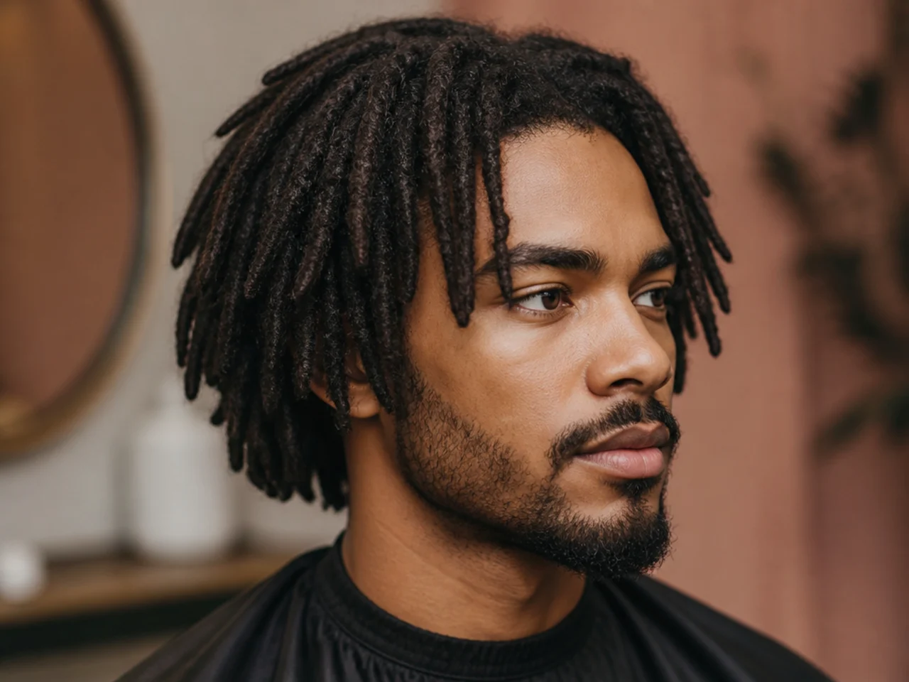Black man aged 24-32 with medium length crochet-installed locs showing uniform thickness and a fully closed end appearance from day one