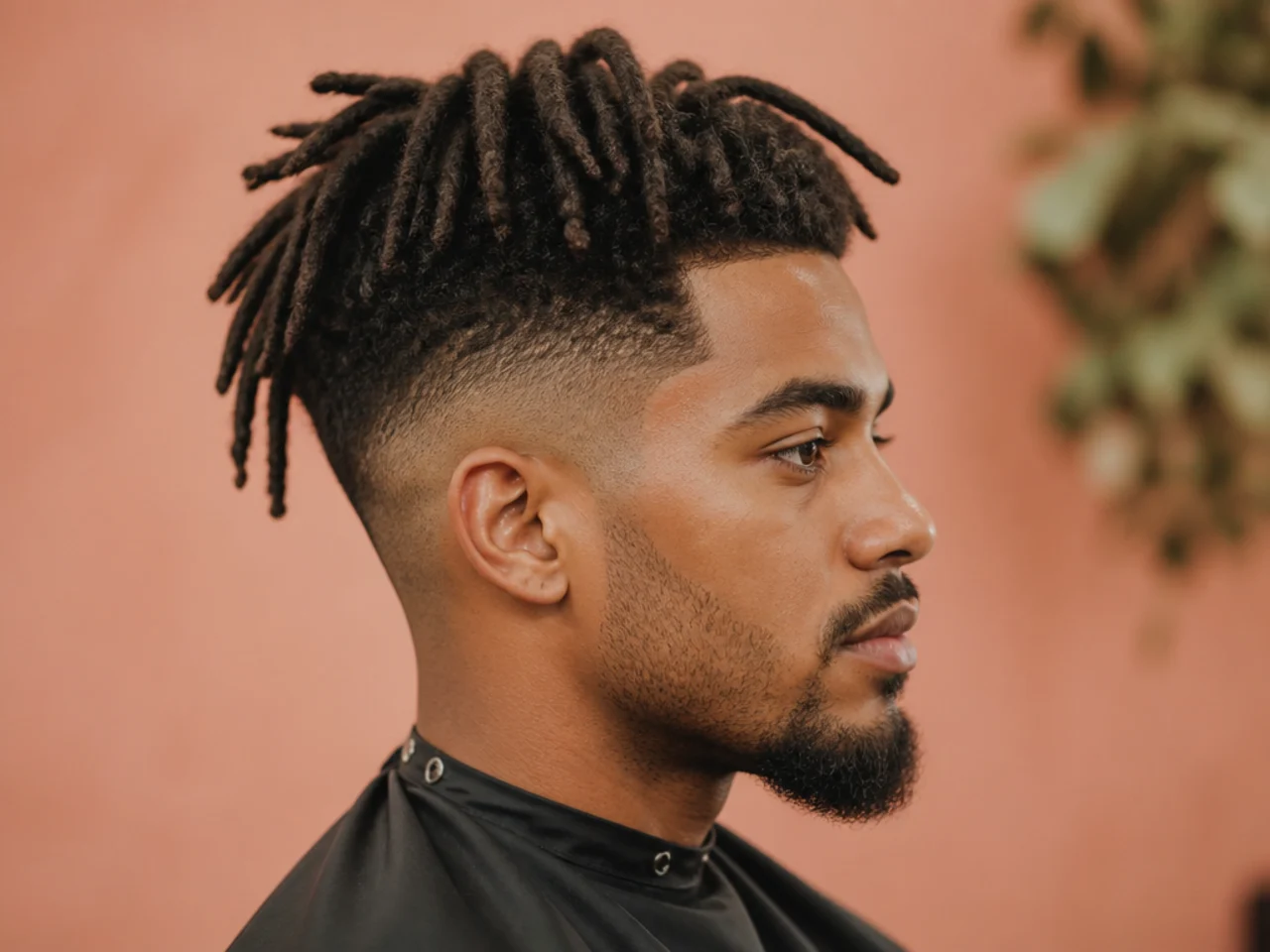 Black man aged 25-32 with shoulder-length palm-rolled locs on top and a sharp high taper fade at the sides and back