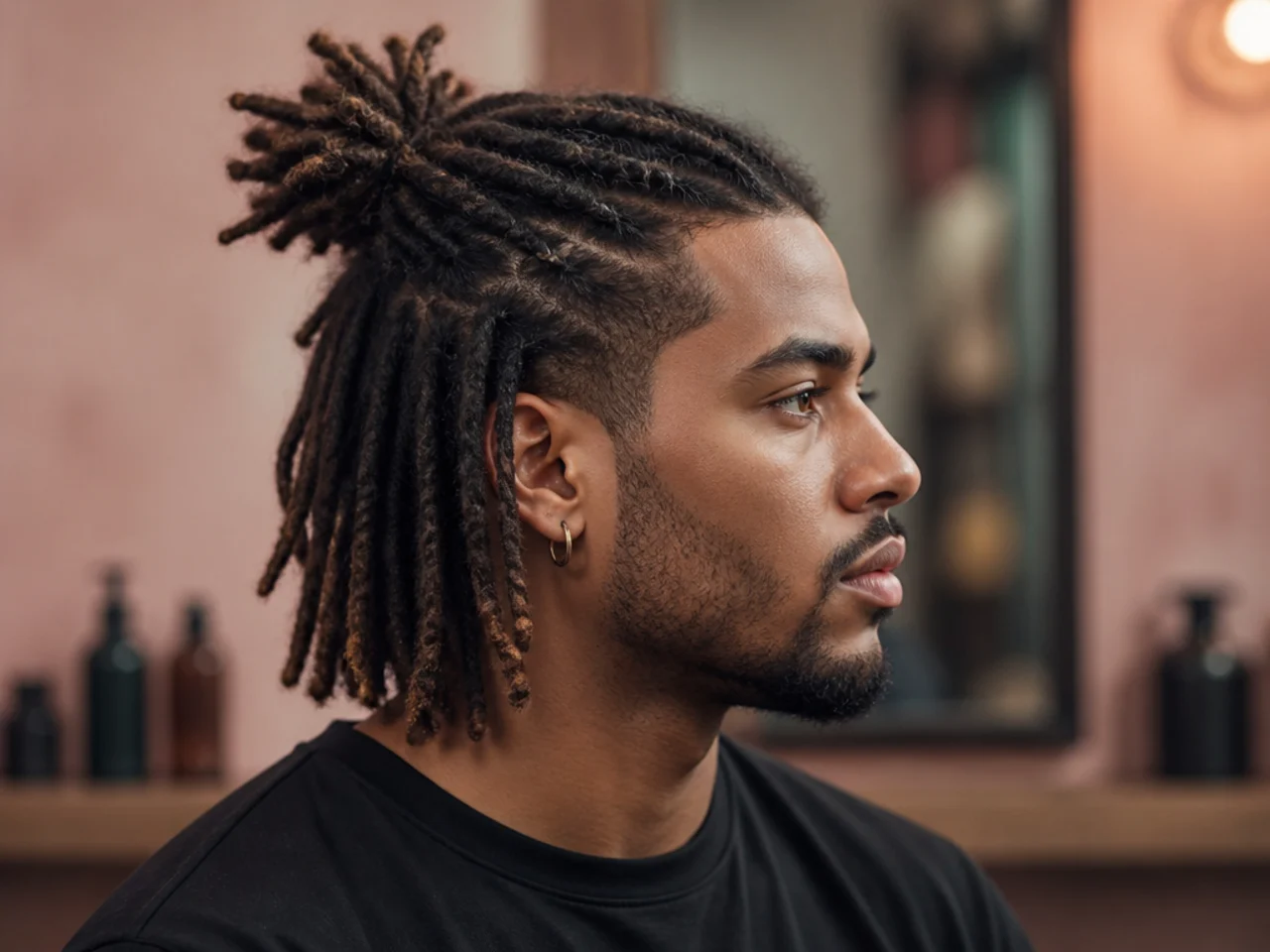 Black man aged 27-35 with medium palm-rolled locs pulled into a half-up bun at the crown with the back half worn down at shoulder length