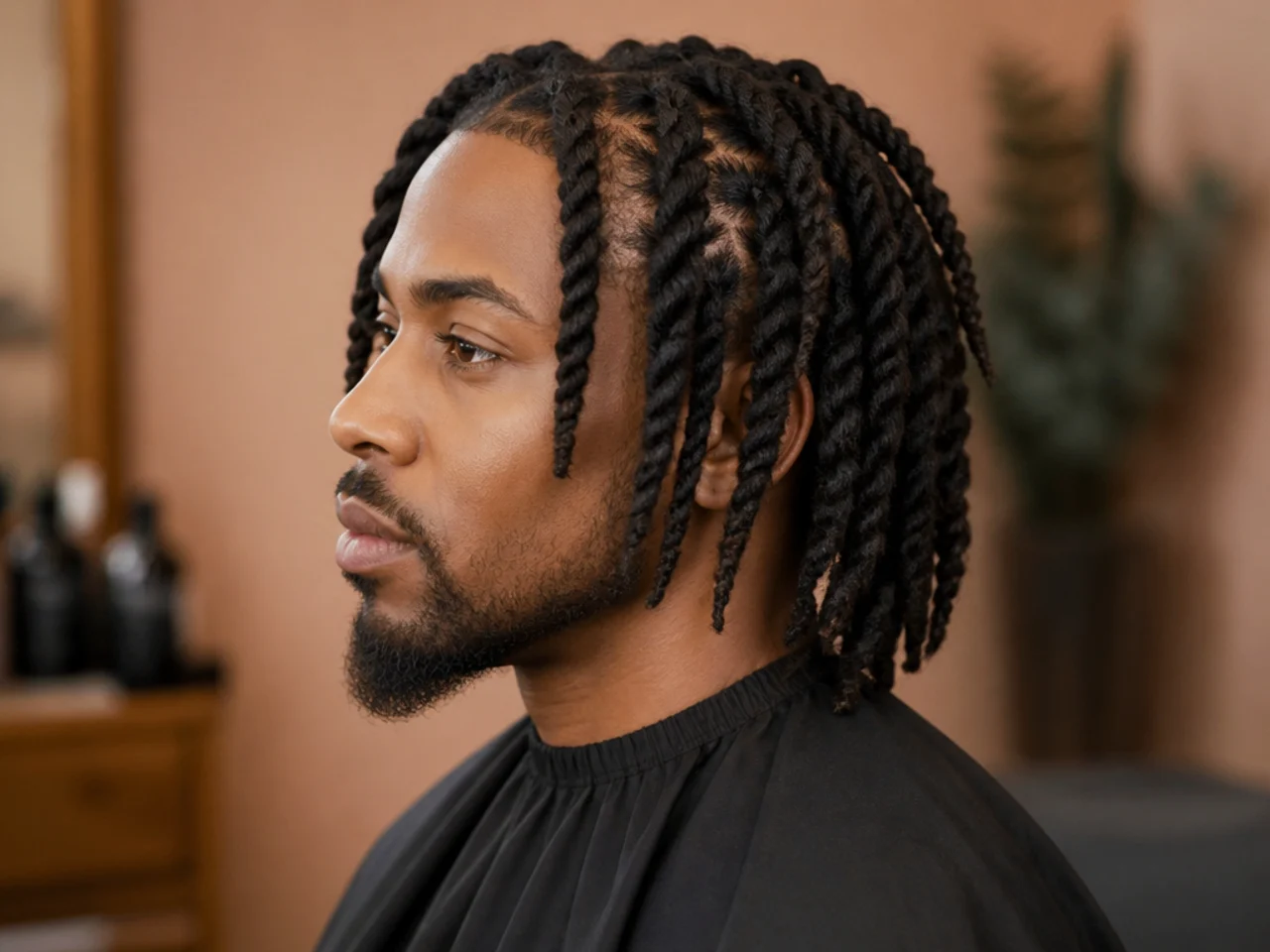 Black man aged 28-34 with shoulder-length locs styled into barrel twists showing pairs of locs twisted around each other for a rope pattern