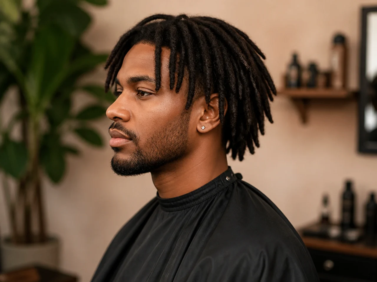 Black loctician working on the retwist of a Black male client with shoulder-length palm-rolled locs at a salon station
