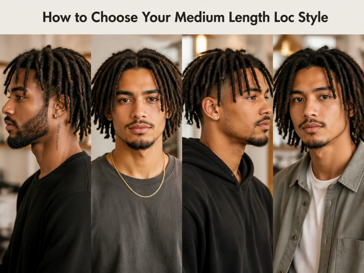 Three Black men side by side showing palm-rolled locs freeform locs and interlocked microlocs at shoulder length