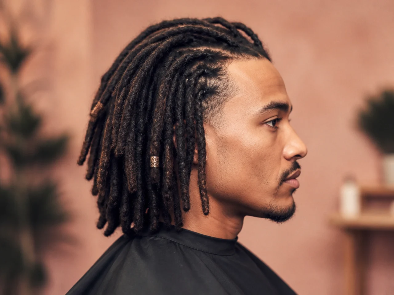 Black man aged 28-34 with shoulder-length palm-rolled locs showing mature closed ends and a clean loctician retwist at the roots