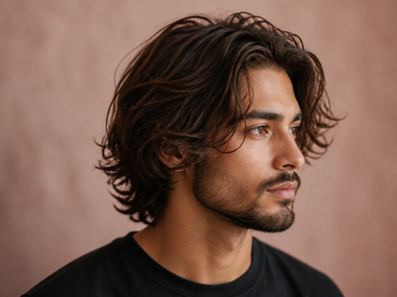 Messy medium flow with tousled wave and loose sweep back on a young man with wavy hair