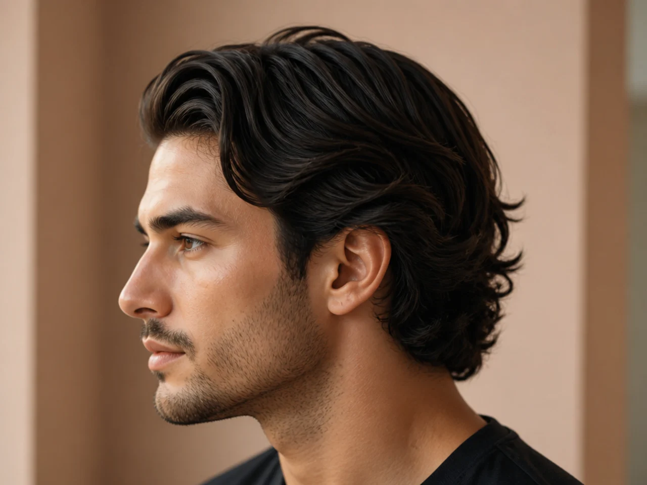 Medium flow with low taper on a young man showing 5 inch top swept back and clean tapered sides