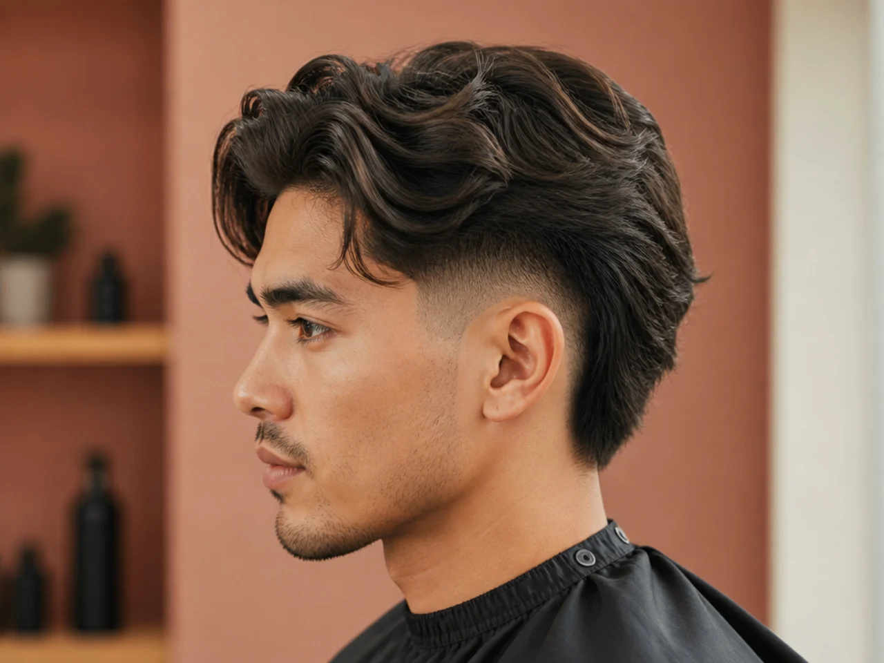 Medium flow with mid fade on a young man showing 5 inch swept back top and clean mid fade