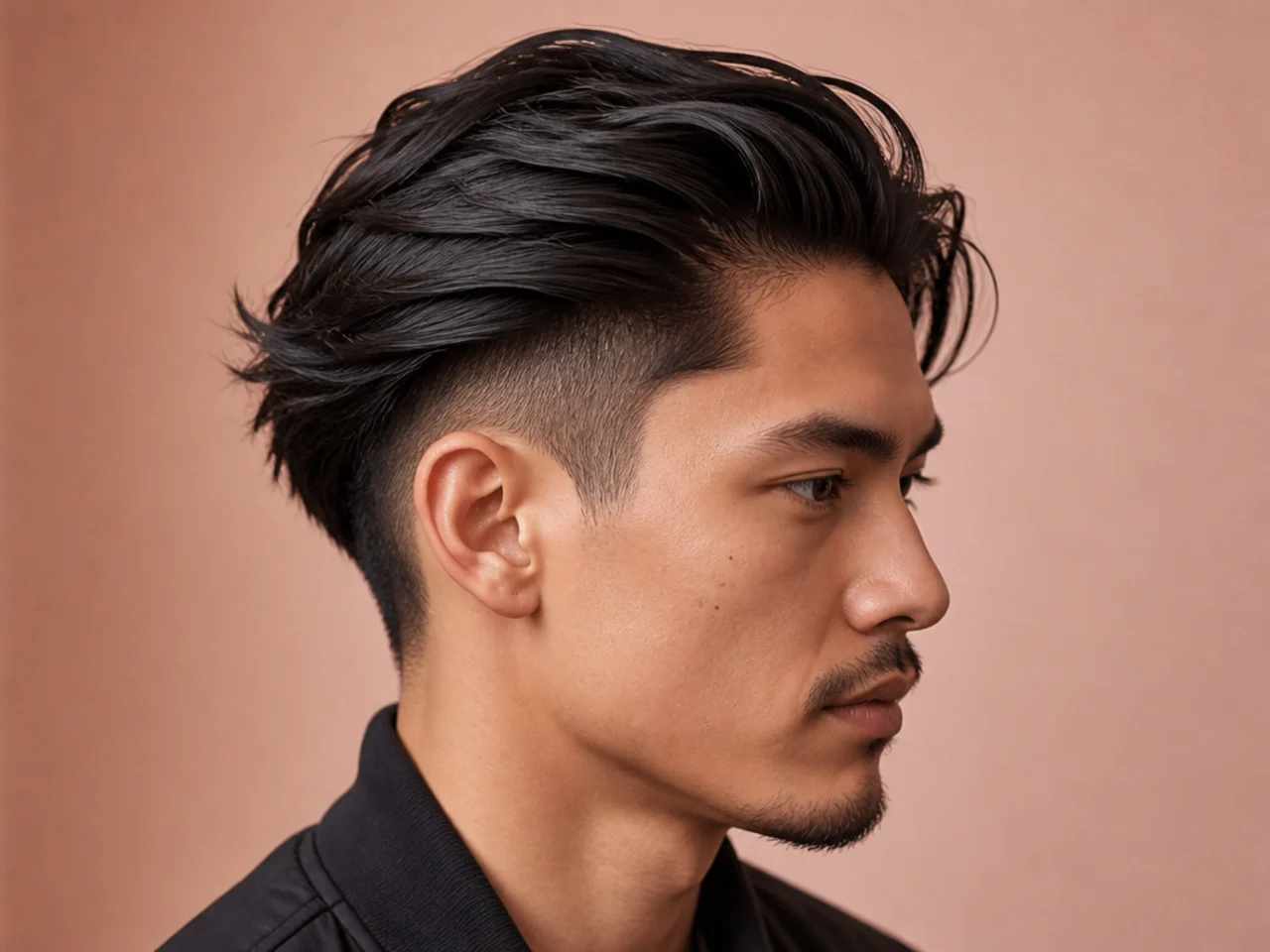 Medium flow with disconnected undercut on a young man with 5 inch swept back top and shaved sides