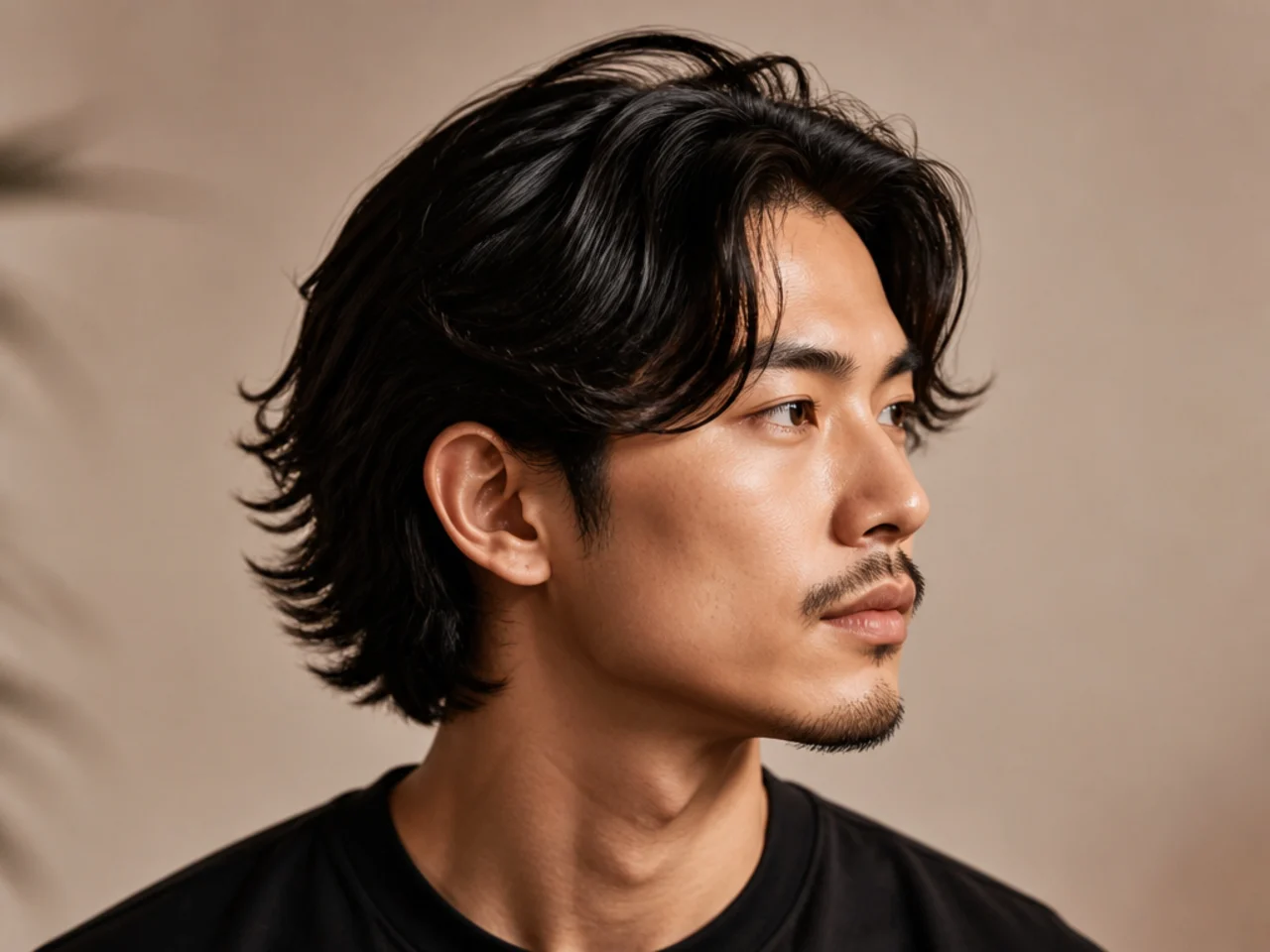 Korean K flow with glossy straight center part and scissor blended sides on a young man