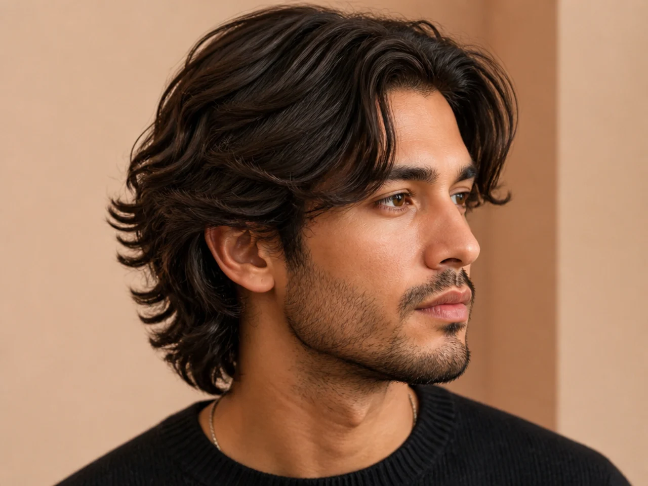 Layered medium flow with heavy internal layers for movement on a young man with medium brown hair