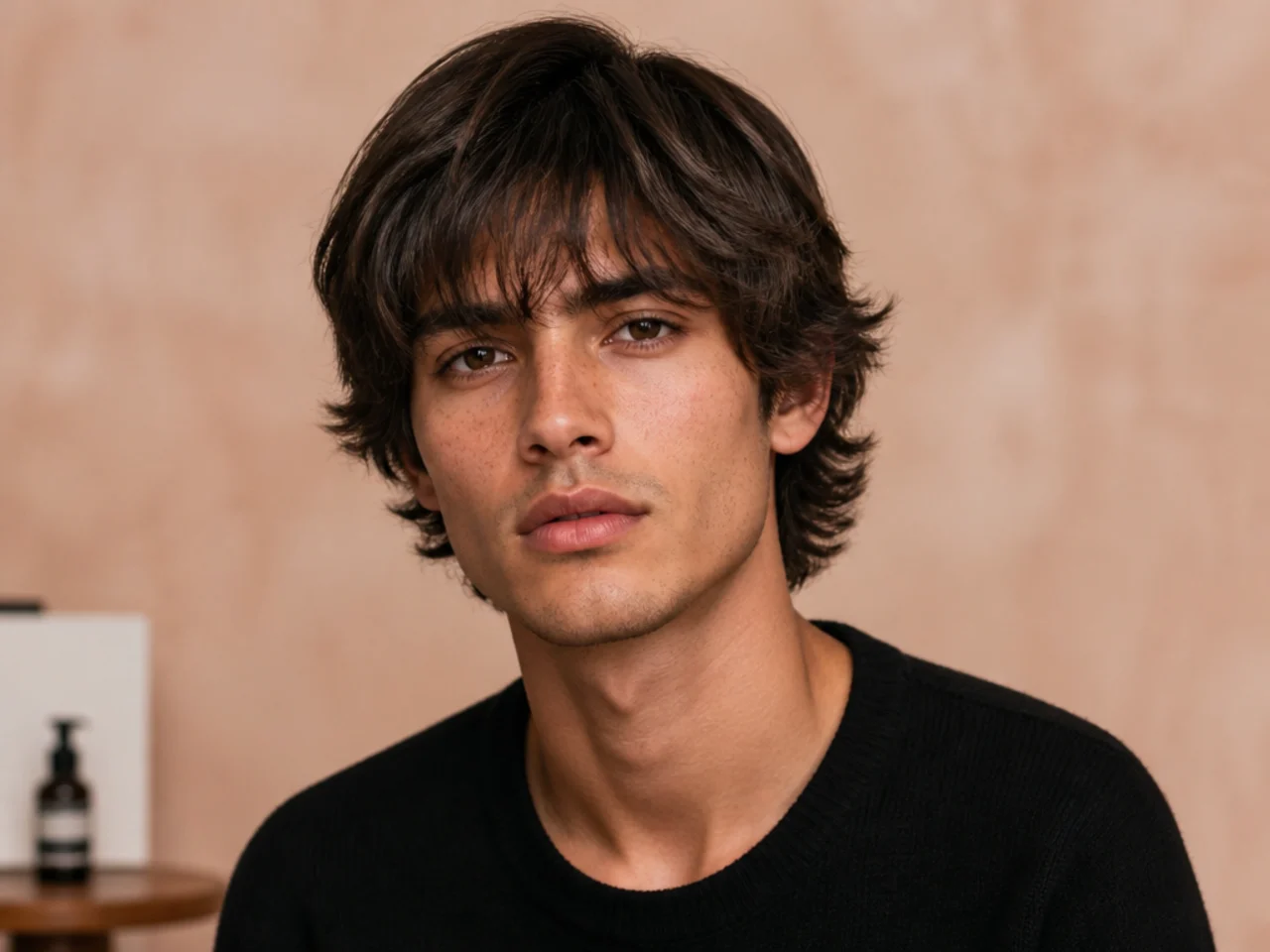 Medium flow with textured fringe reaching the brow on a young man with wavy brown hair