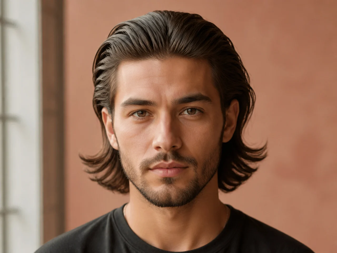 Slick medium flow with glossy pomade finish and razor sharp sweep back on a young man
