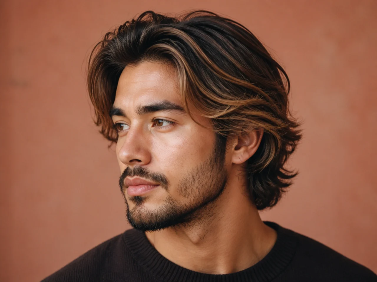 Highlighted medium flow with face framing balayage on a young man with wavy brown hair