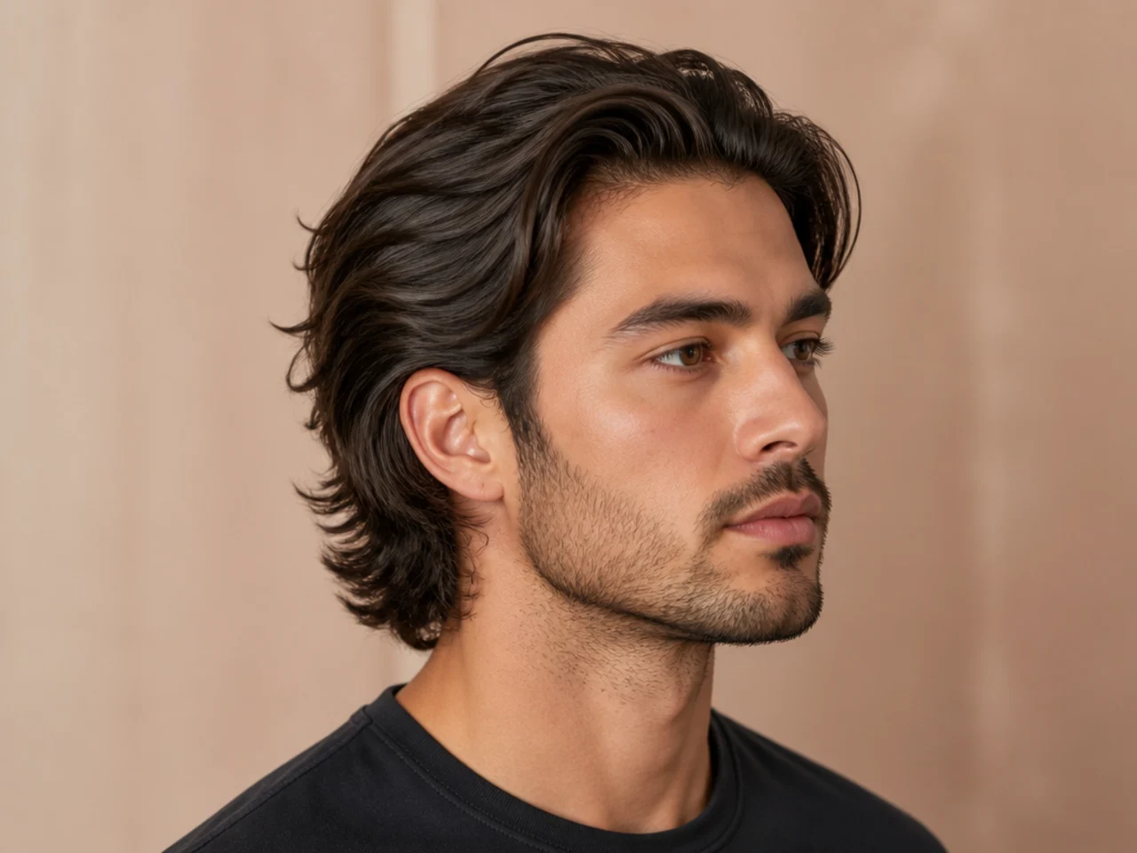 Hockey flow haircut with 5 inch swept back top and slight length past the collar on a young man