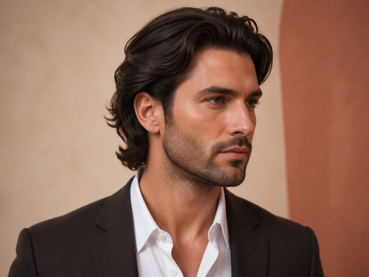 Business medium flow with 4 inch top and clean tapered sides on a young man in office attire