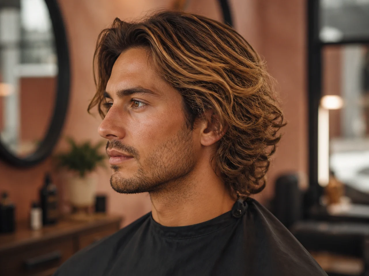 Surfer medium flow with sun lightened wavy ends falling forward on a young man