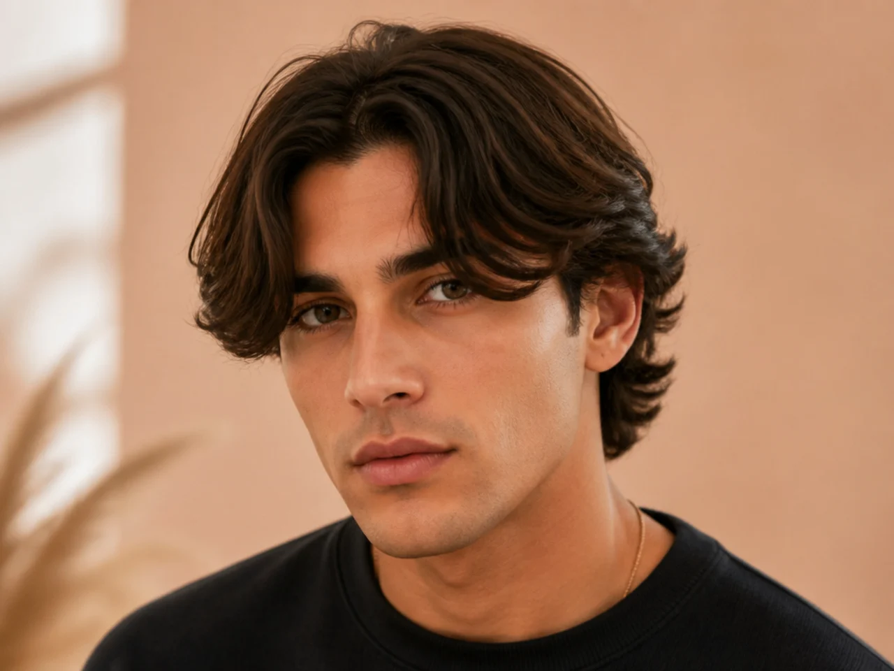 Curtain medium flow with center split falling forward past the cheekbones on a young man with wavy brown hair
