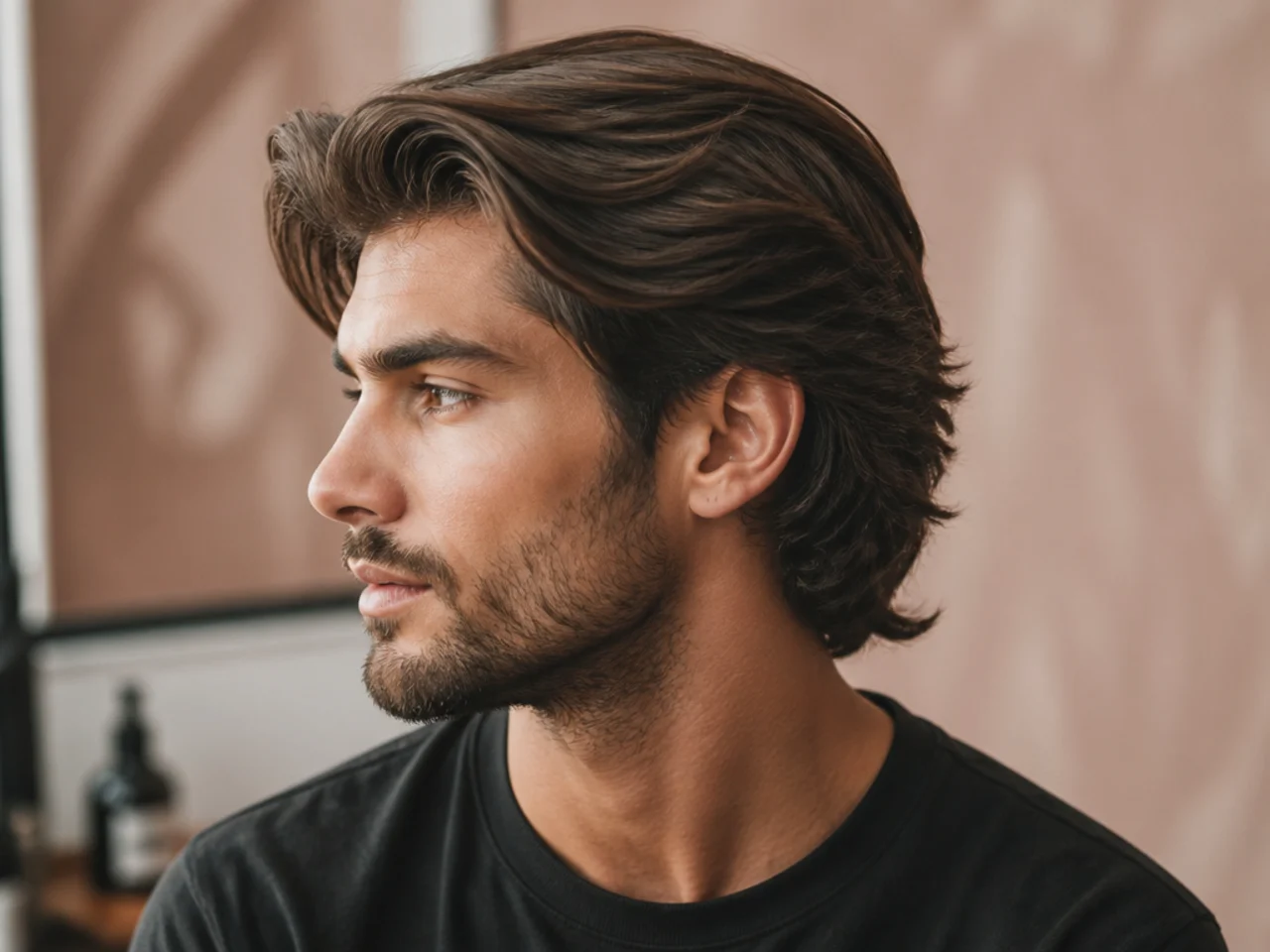 Side swept medium flow with heavier weight to one side on a young man with wavy medium brown hair