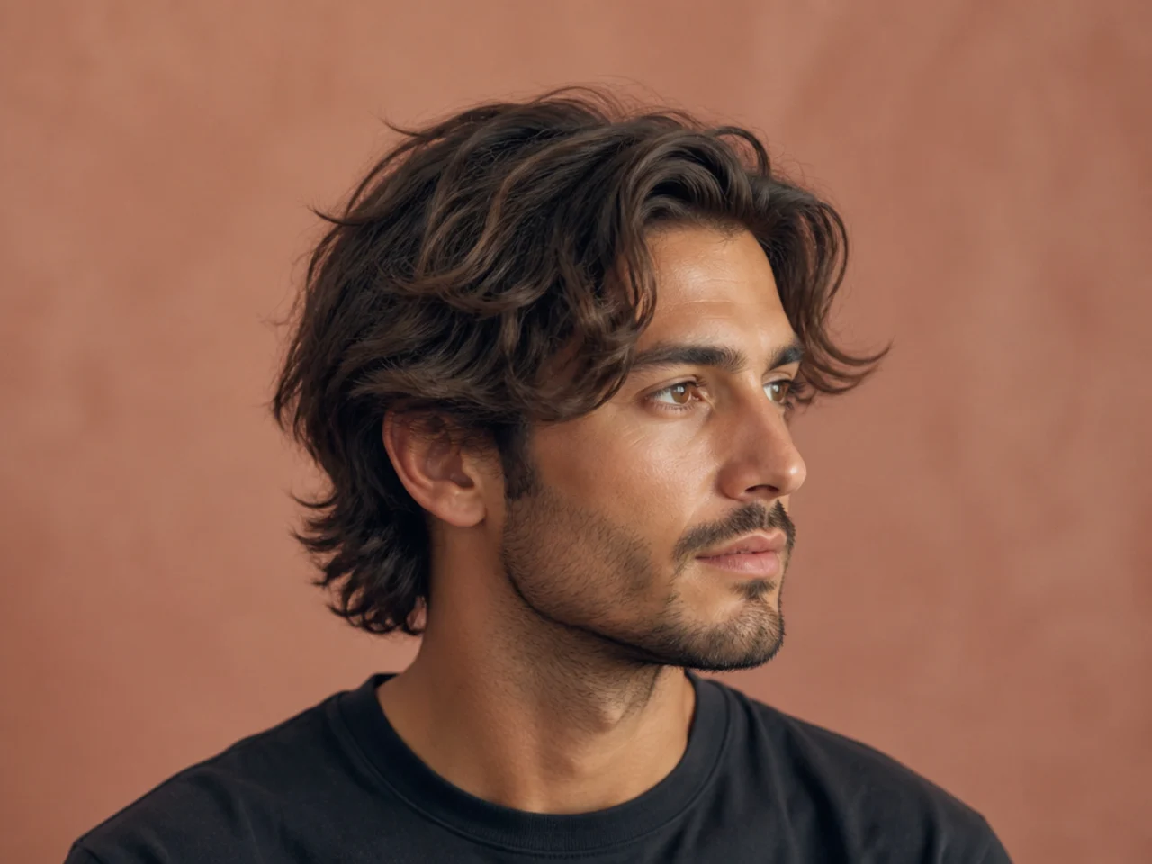 Wavy medium flow on a young man with natural 2B waves swept back off the forehead and connected sides