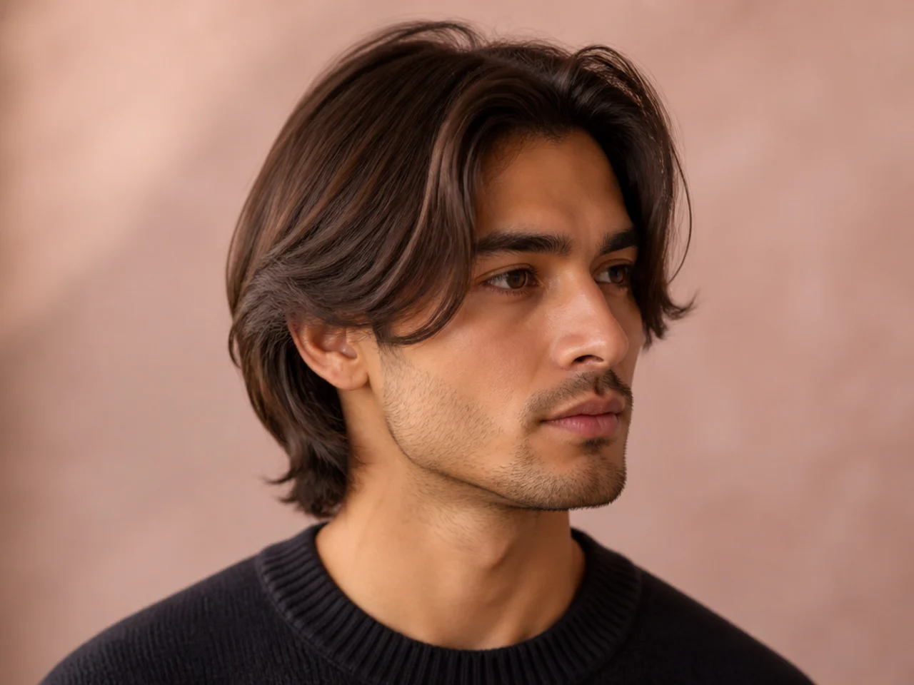 Straight hair medium flow with 5 inch top and internal layering for lift on a young man