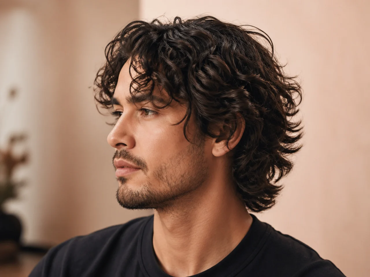 Curly medium flow on a young man with defined 3A curls swept back and connected sides