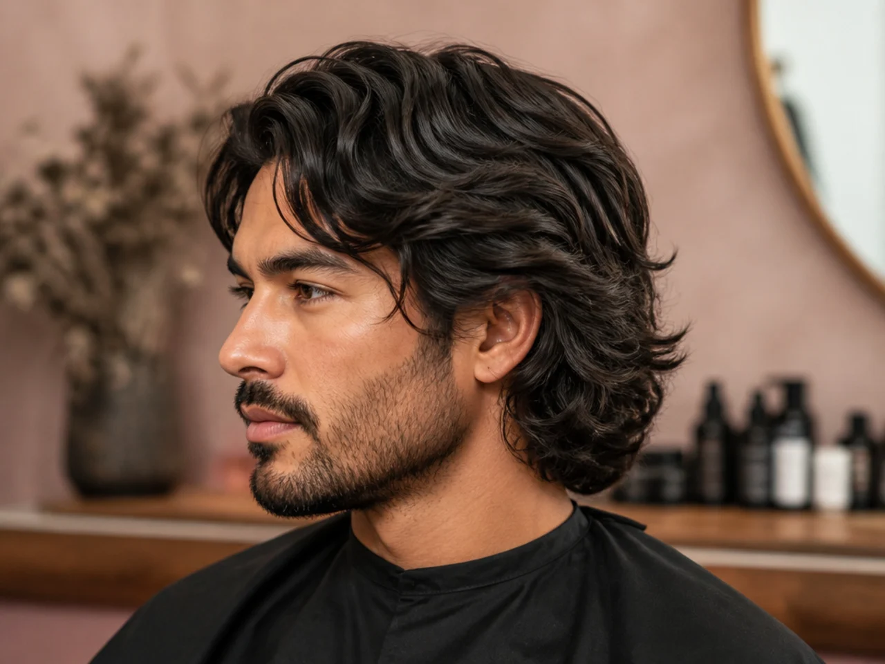 Textured medium flow with choppy point cut ends and heavy internal layers on a young man