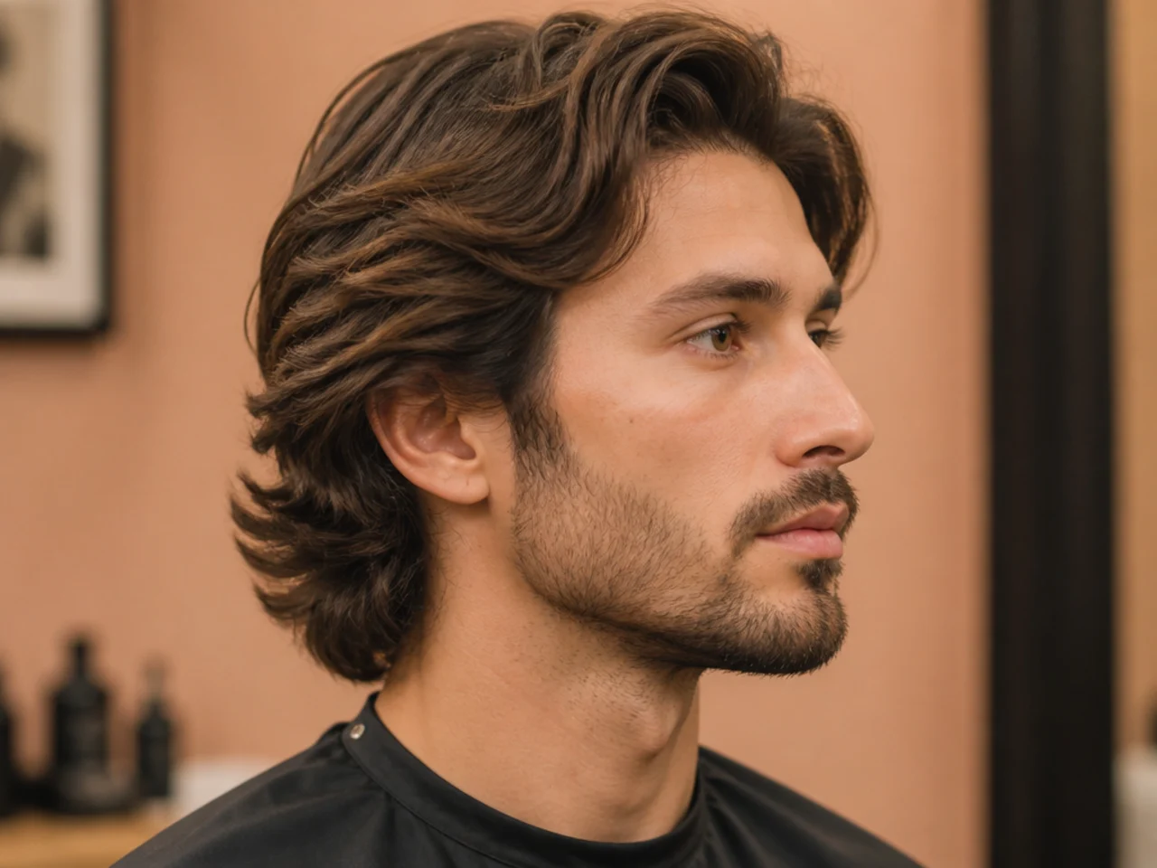 Young man in a barber chair showing three reference photos to a barber during a medium length flow consultation