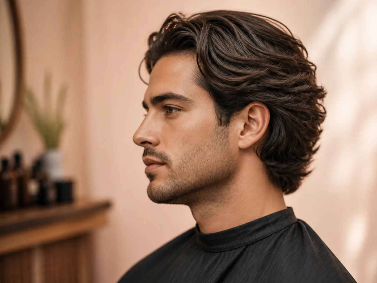 Medium length flow styling essentials — sea salt spray, matte cream, wide tooth comb, and blow dryer with nozzle on a cream surface