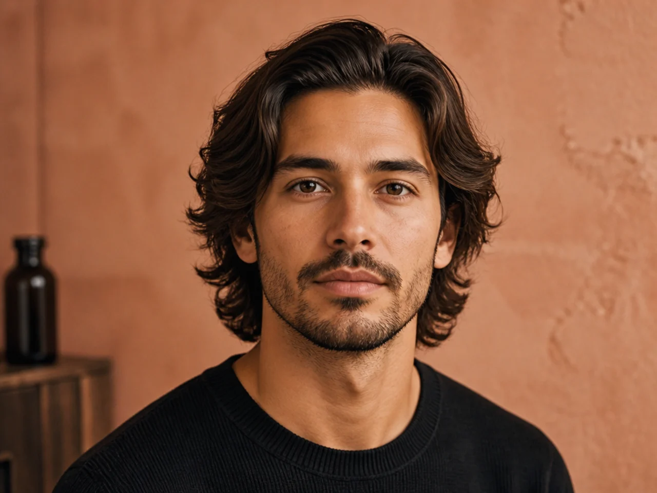 Medium length flow haircut on a young man showing 5 inch top swept back off the forehead with sides tucked behind the ears