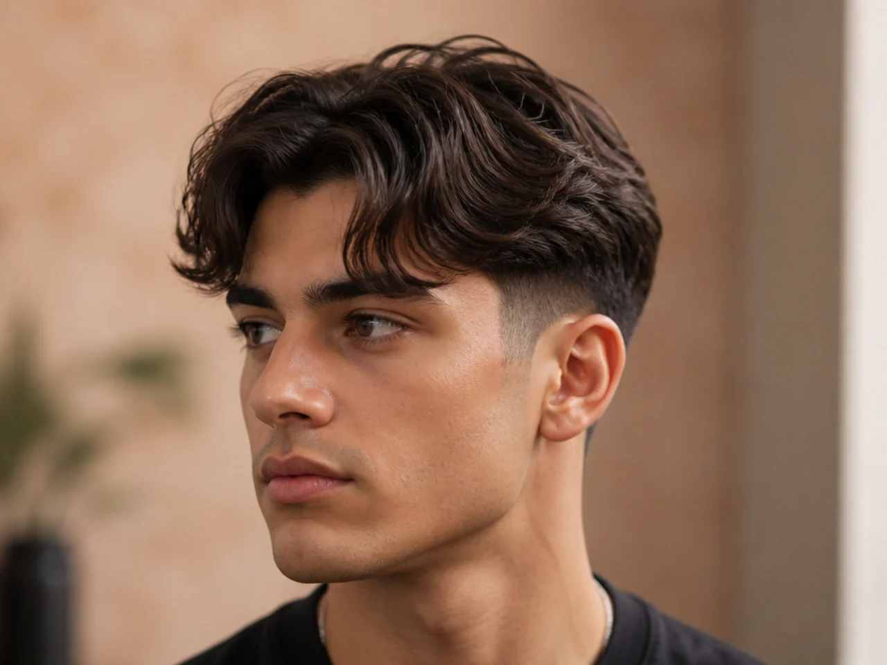 Curtain fringe with low fade on square face man with straight medium brown hair