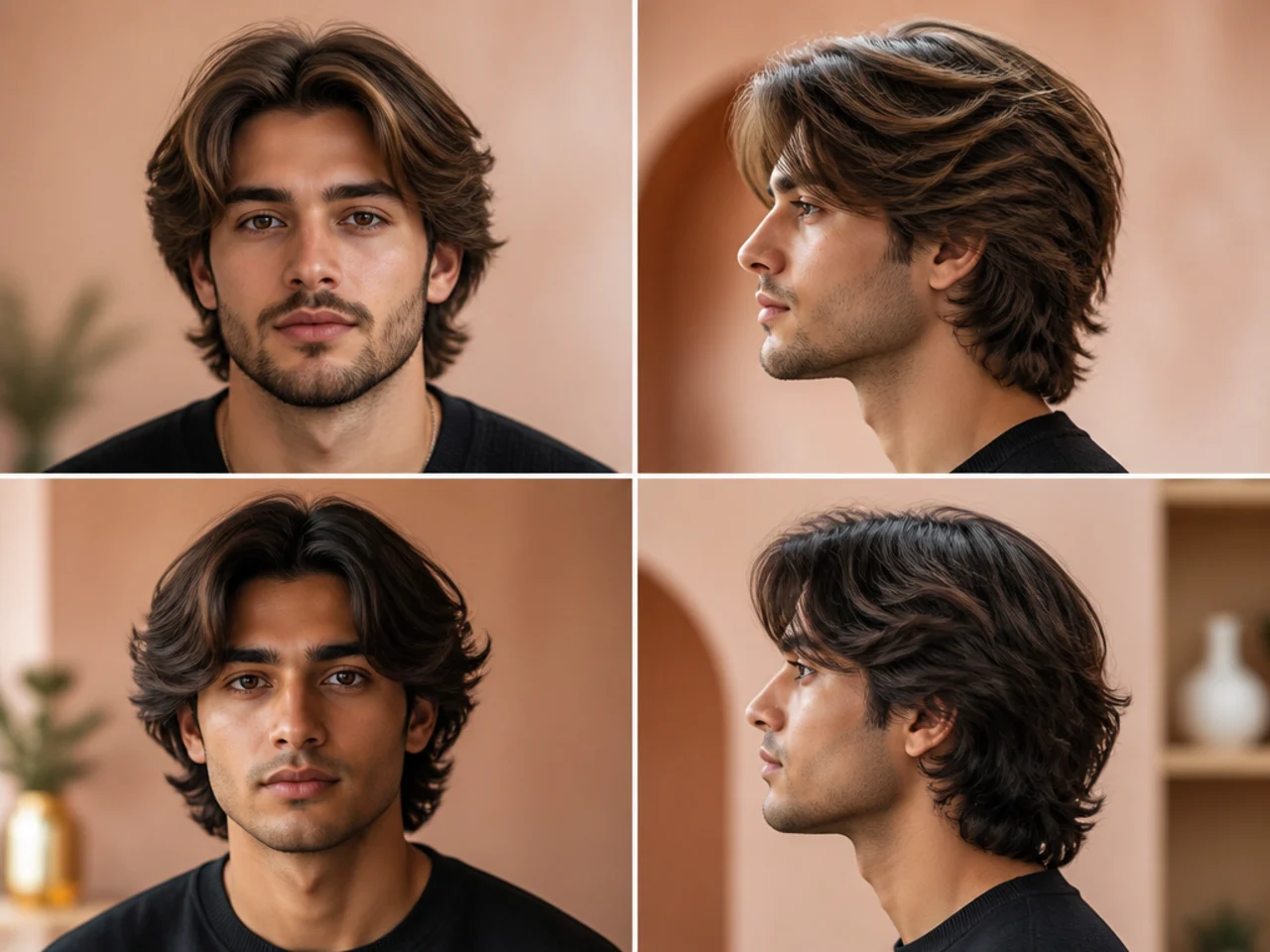 Layered medium cut with rounded crown on square face man with lightly wavy brown hair