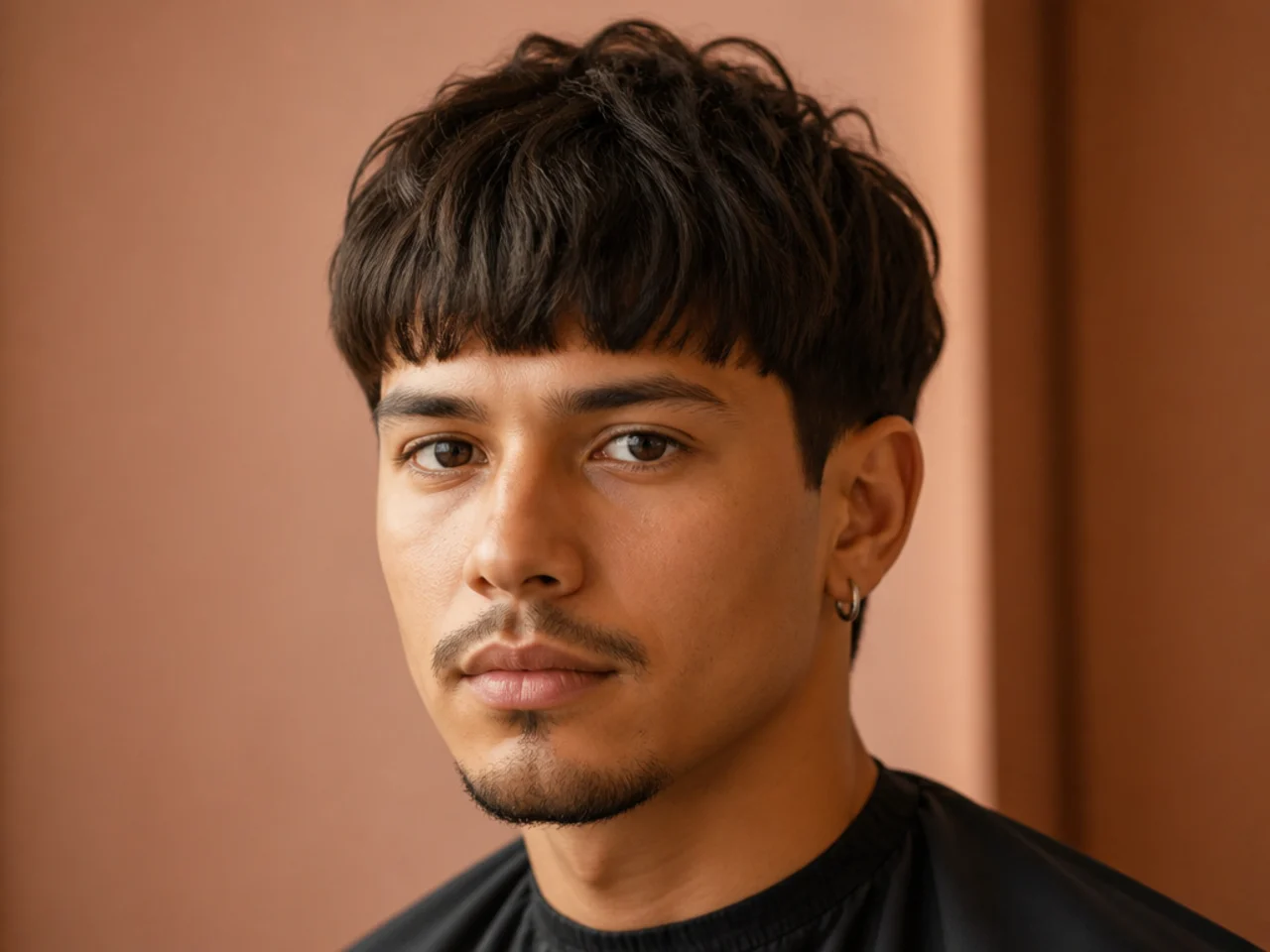 Medium fringe with blunt front on heart-shaped face man with straight dark hair