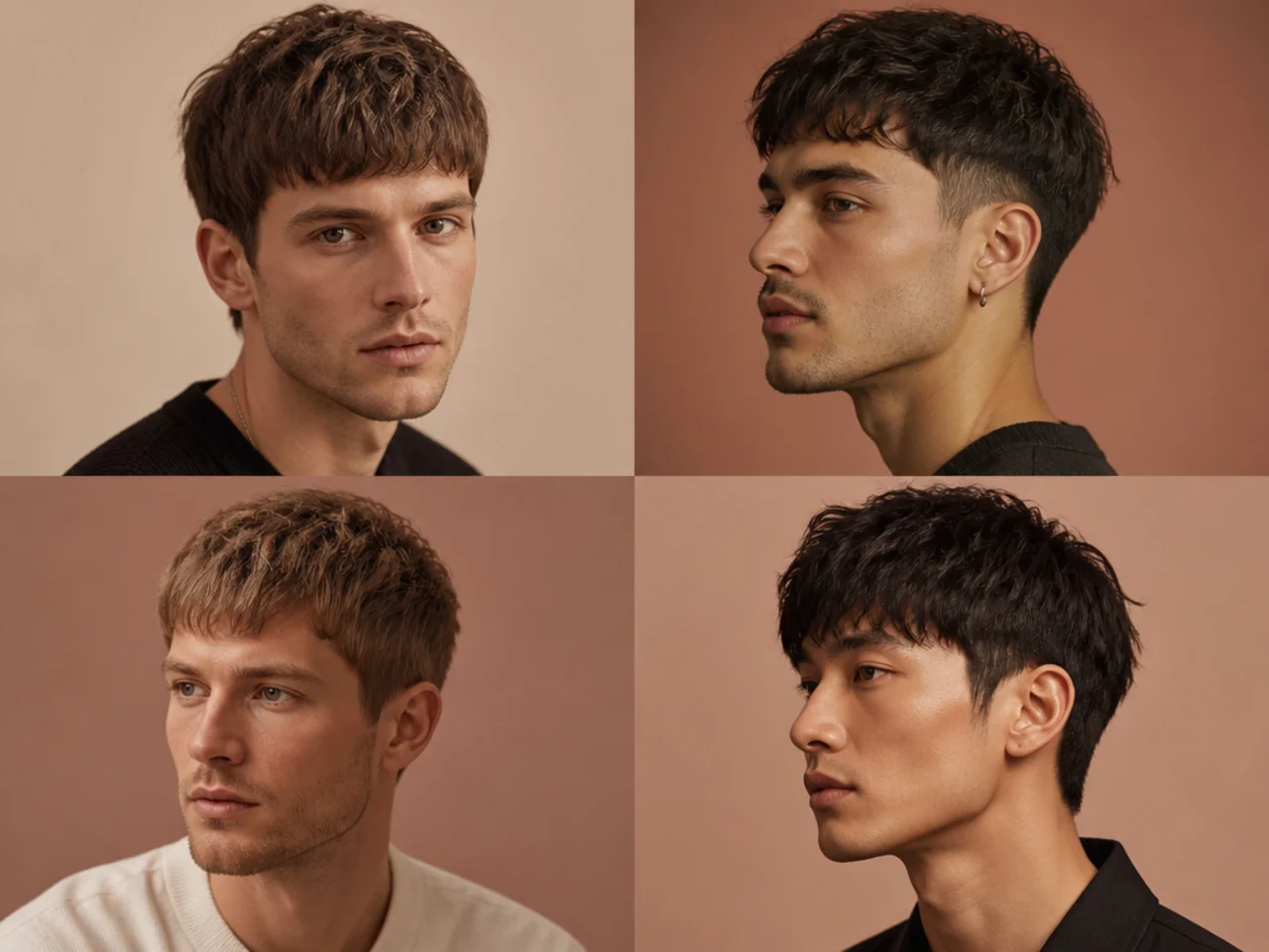 Textured medium crop with fringe on heart-shaped face man with medium brown wavy hair