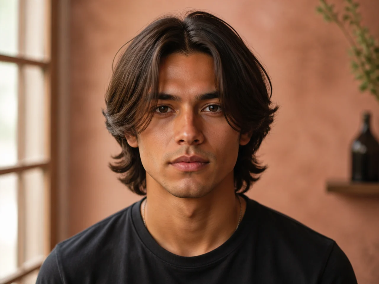 Middle part with face-framing layers on oblong face man with straight medium brown hair