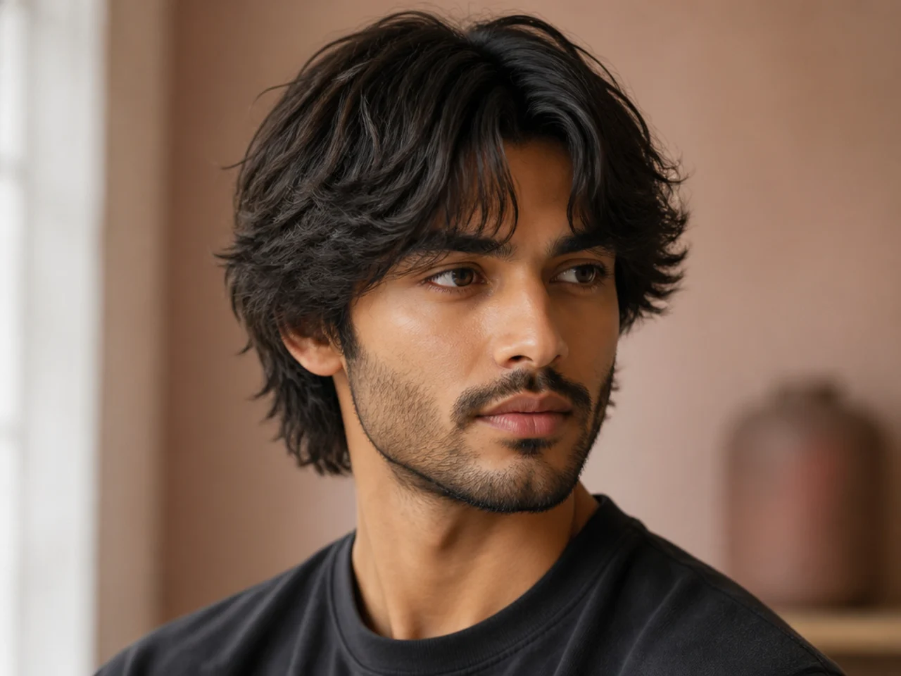 Modern shag with curtain bangs on oblong face man with wavy chestnut hair