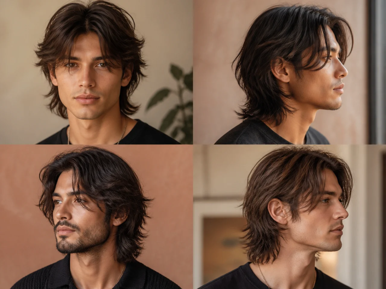 Medium wolf cut with face-framing pieces on diamond face man with wavy dark hair