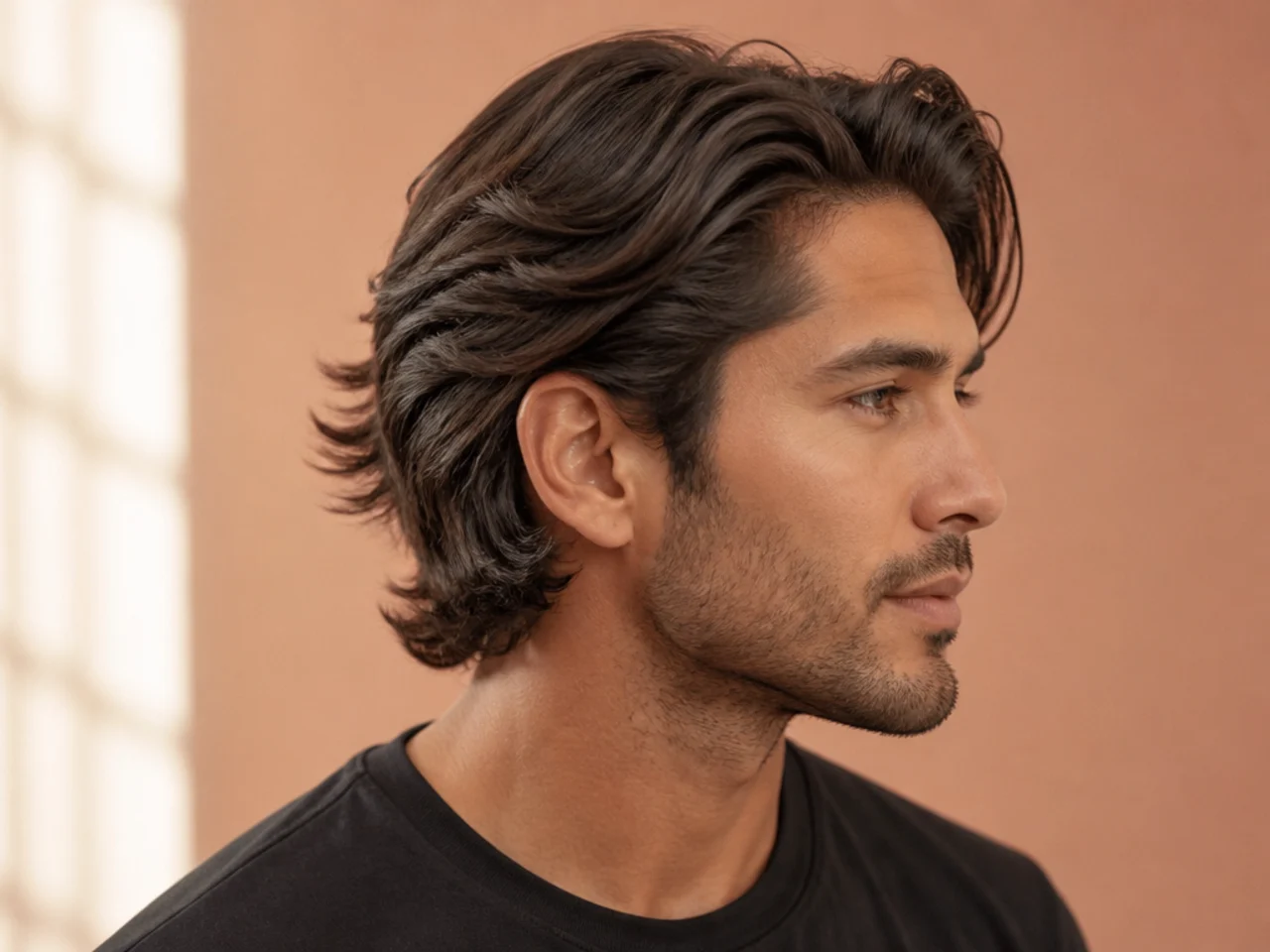 Bro flow haircut with scissor sides on oval face man with lightly wavy medium brown hair