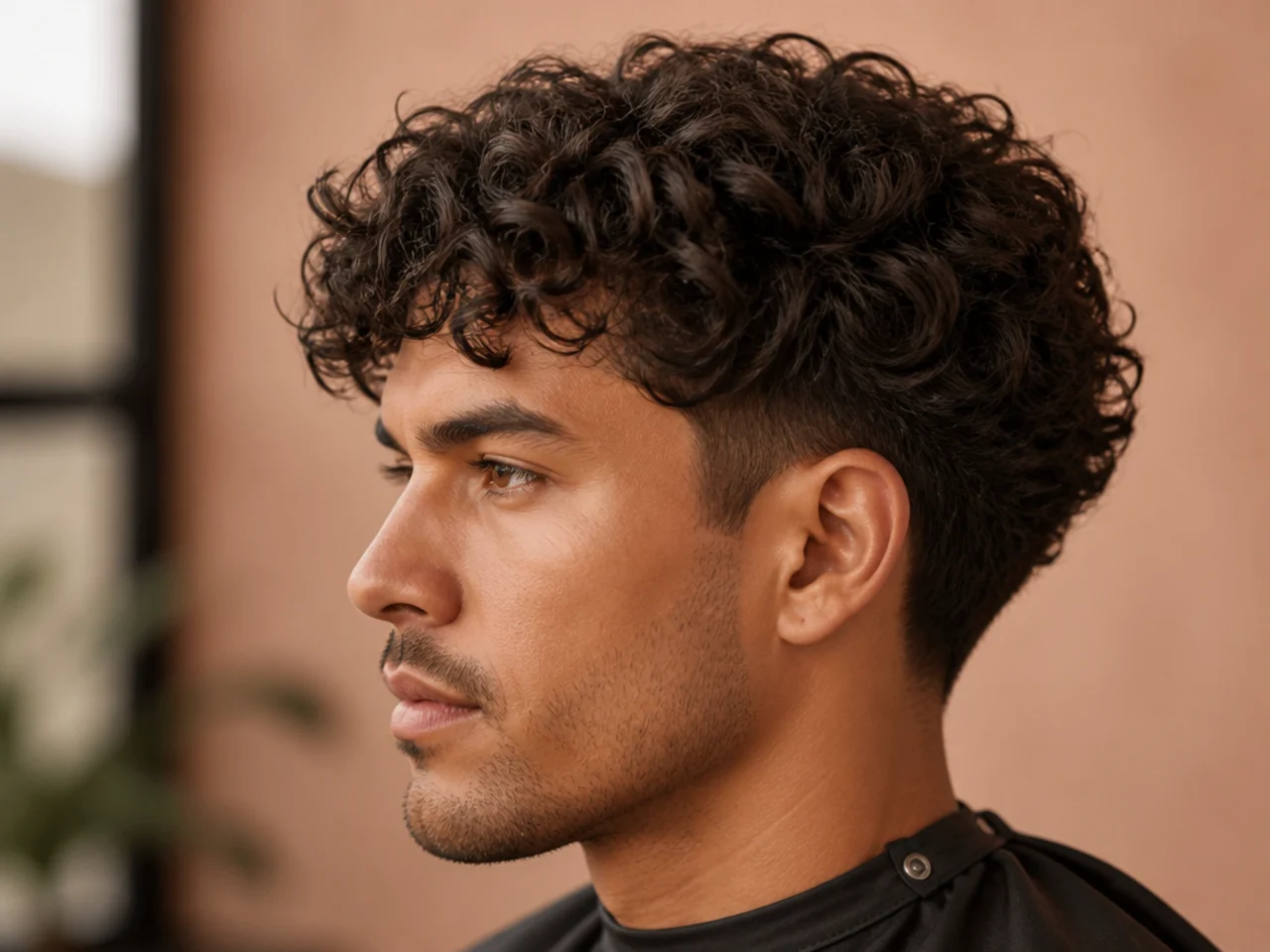 Medium curly cut with low taper on diamond face man with natural dark 3B curls